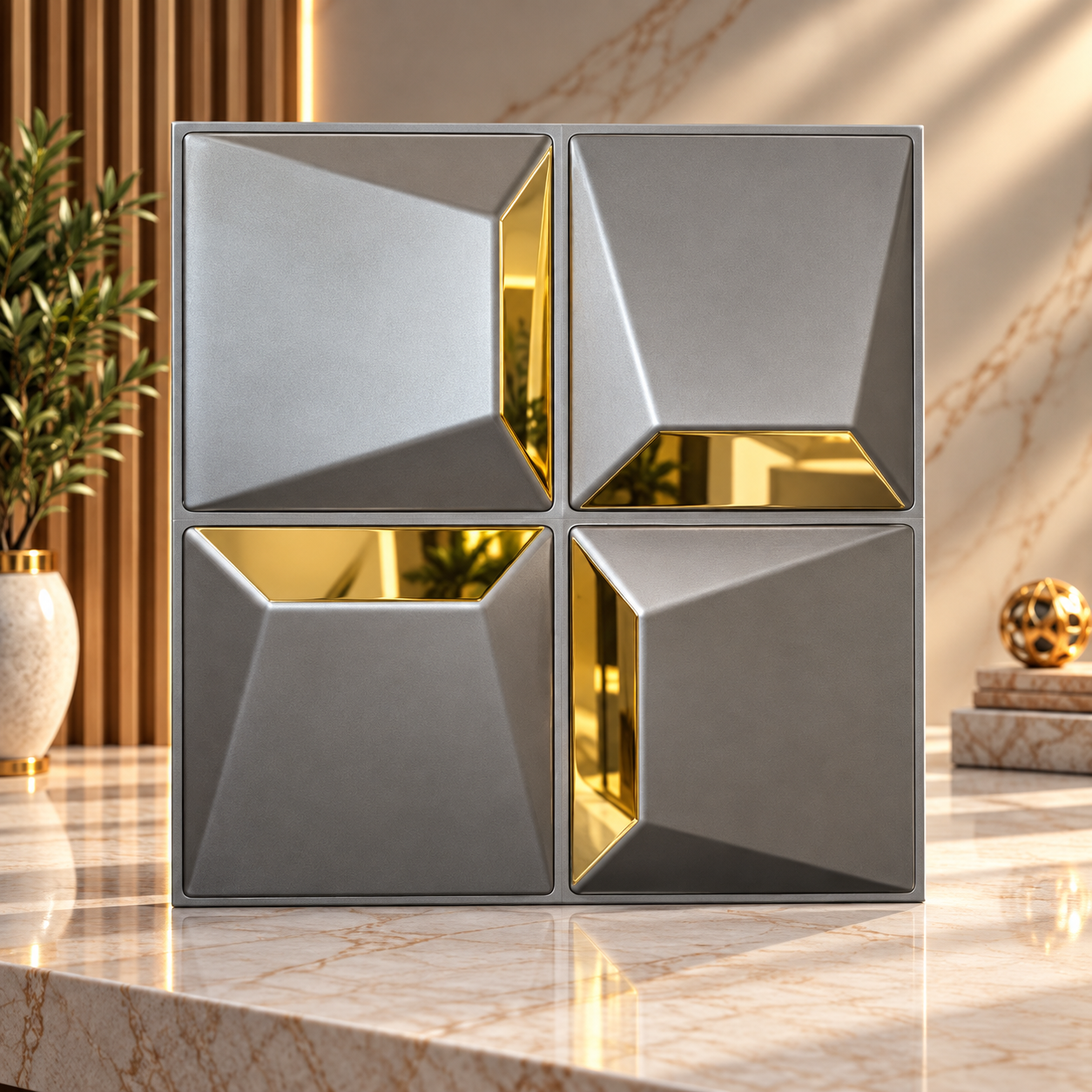 TryMe Quad Bevel Geometric 3D Wall Panel — Titanium & Gold (50×50 cm)