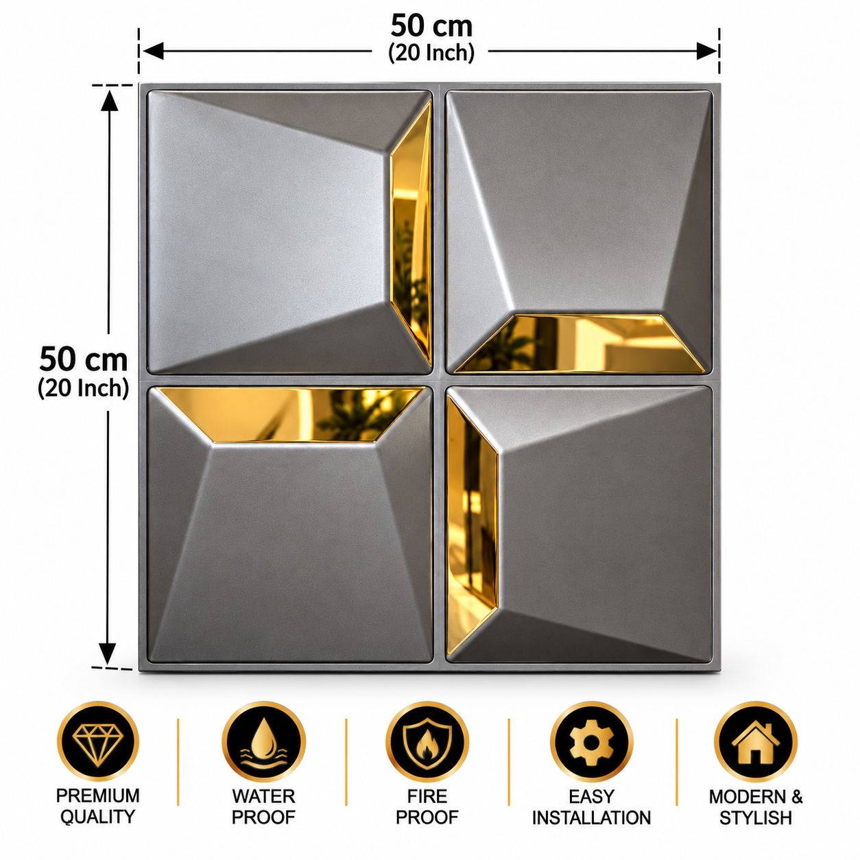 TryMe Quad Bevel Geometric 3D Wall Panel — Titanium & Gold (50×50 cm) thumbnail 2