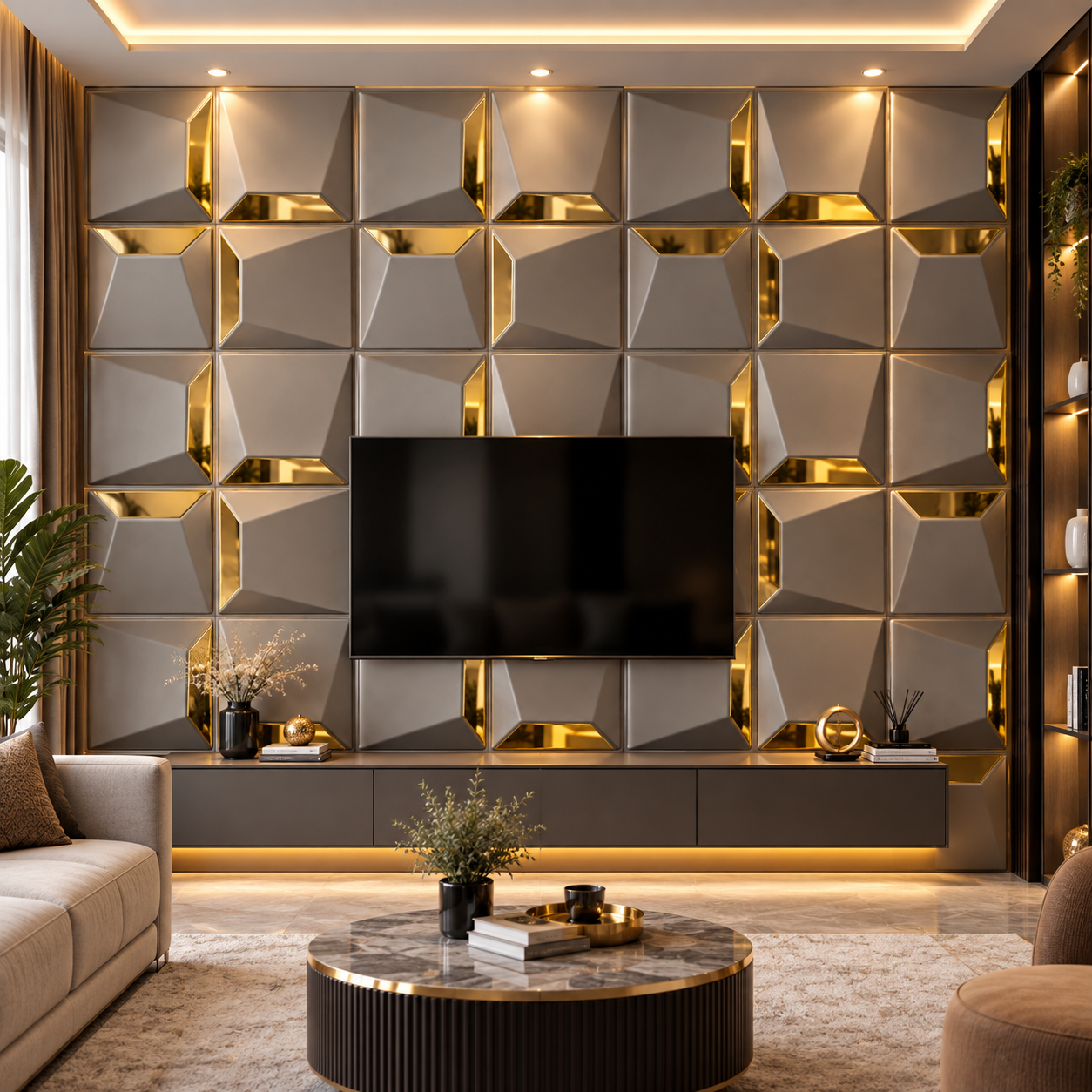 TryMe Quad Bevel Geometric 3D Wall Panel — Titanium & Gold (50×50 cm) thumbnail 3