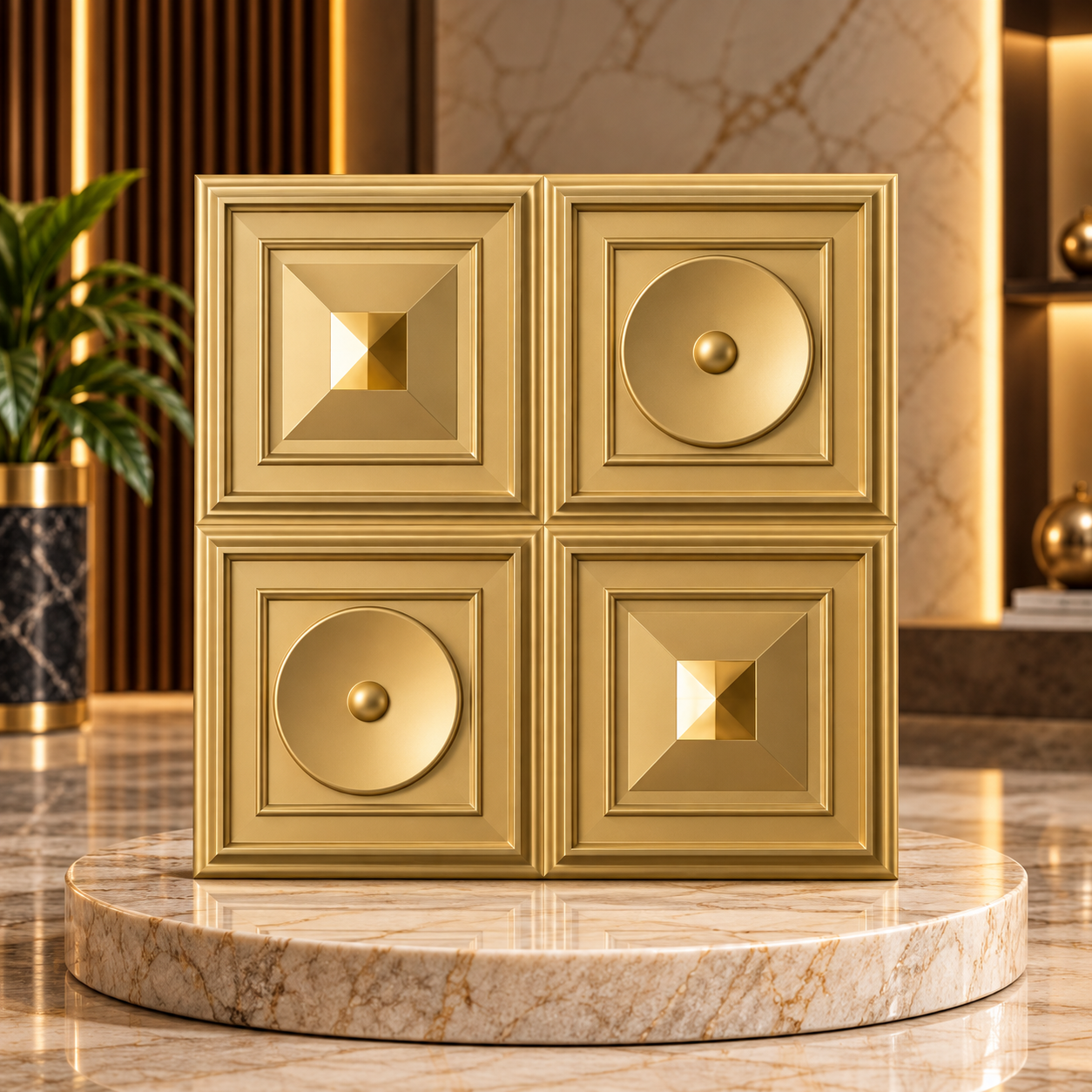 TryMe Pyramid & Dome Quad Coffer 3D Wall Panel — Venetian Gold (50×50 cm)