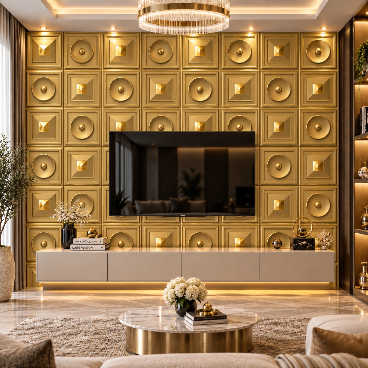 TryMe Pyramid & Dome Quad Coffer 3D Wall Panel — Venetian Gold (50×50 cm) thumbnail 3