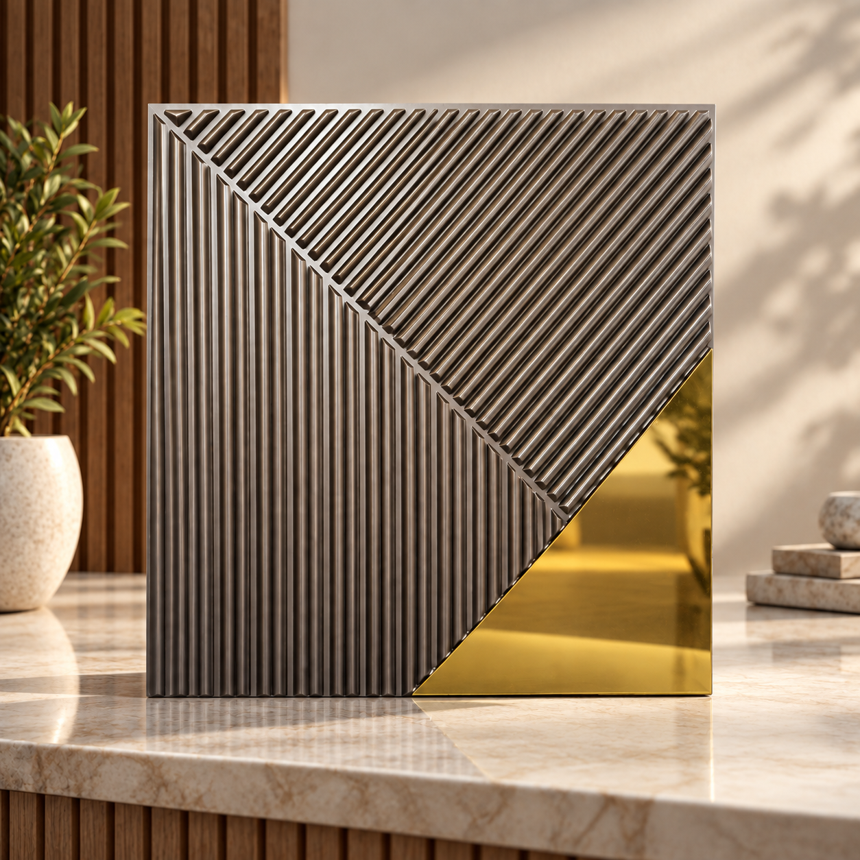 TryMe Architectural Slat & Gold Mirror Wedge 3D Wall Panel — Titanium (50×50 cm)