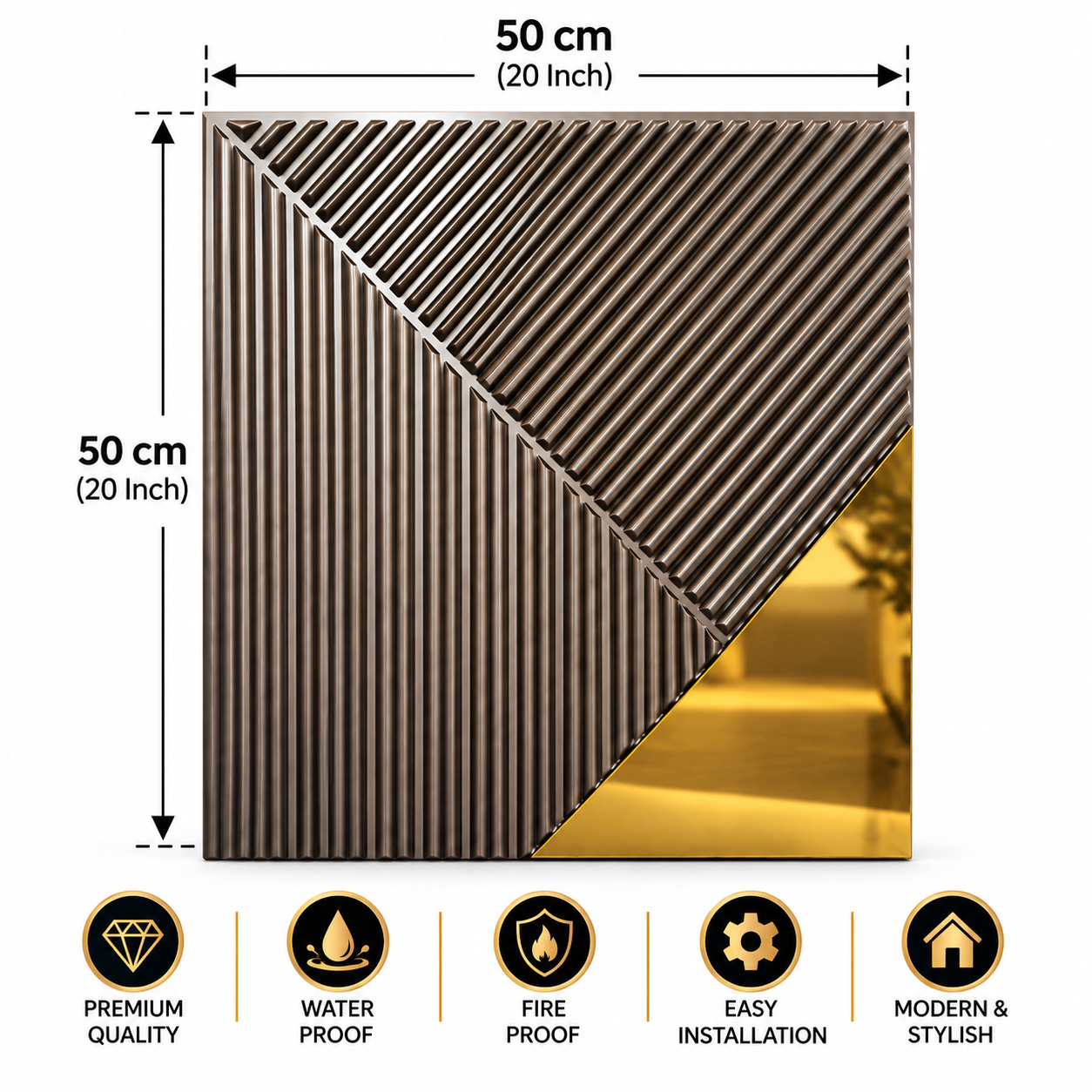 TryMe Architectural Slat & Gold Mirror Wedge 3D Wall Panel — Titanium (50×50 cm) thumbnail 2