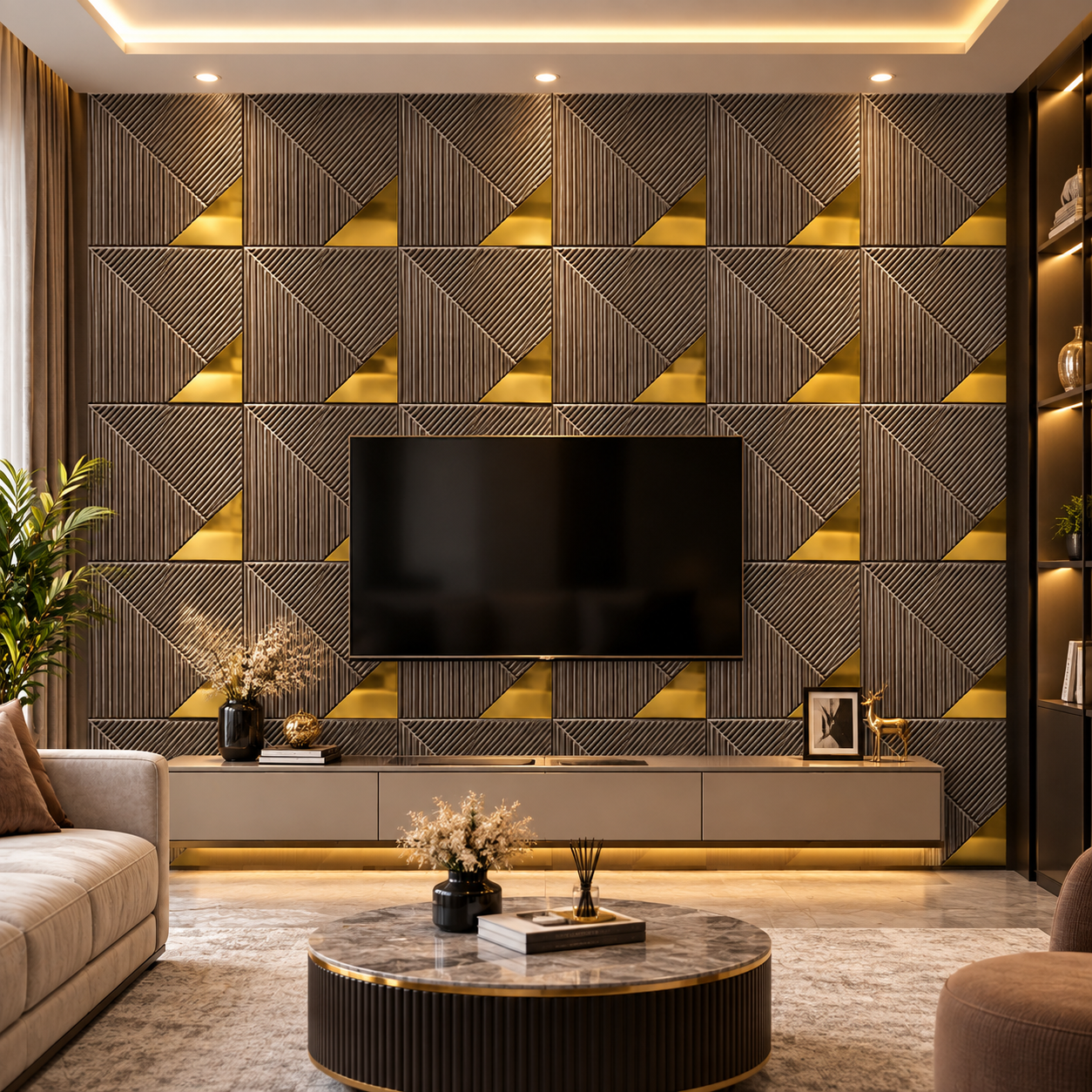 TryMe Architectural Slat & Gold Mirror Wedge 3D Wall Panel — Titanium (50×50 cm) thumbnail 3