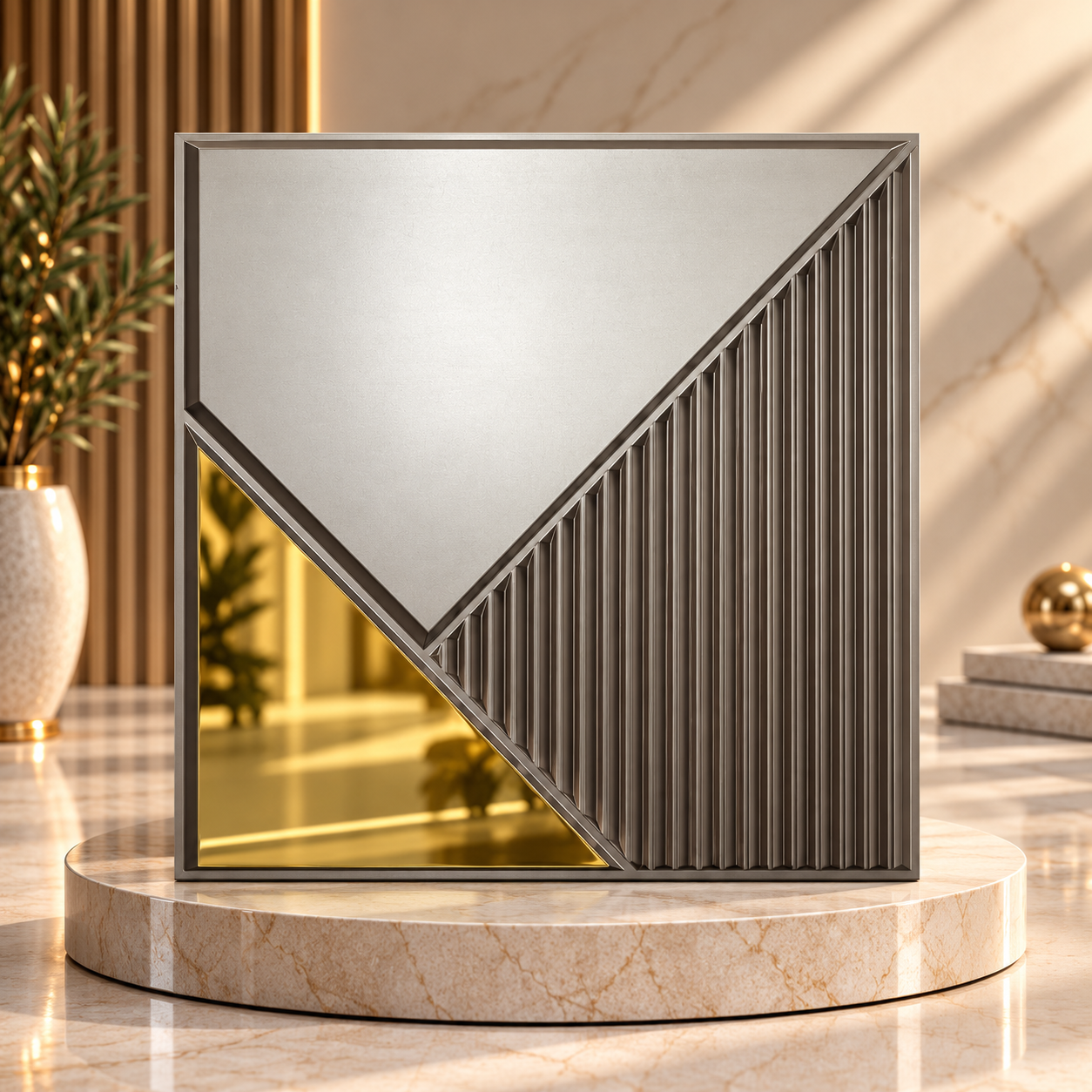 TryMe Angular Geometric Rib & Gold Triangle 3D Wall Panel — Silver Grey (50×50 cm)