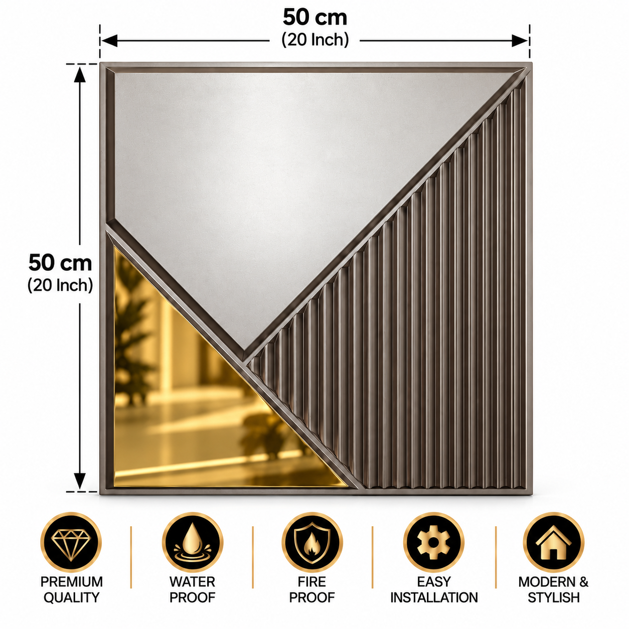 TryMe Angular Geometric Rib & Gold Triangle 3D Wall Panel — Silver Grey (50×50 cm) thumbnail 2