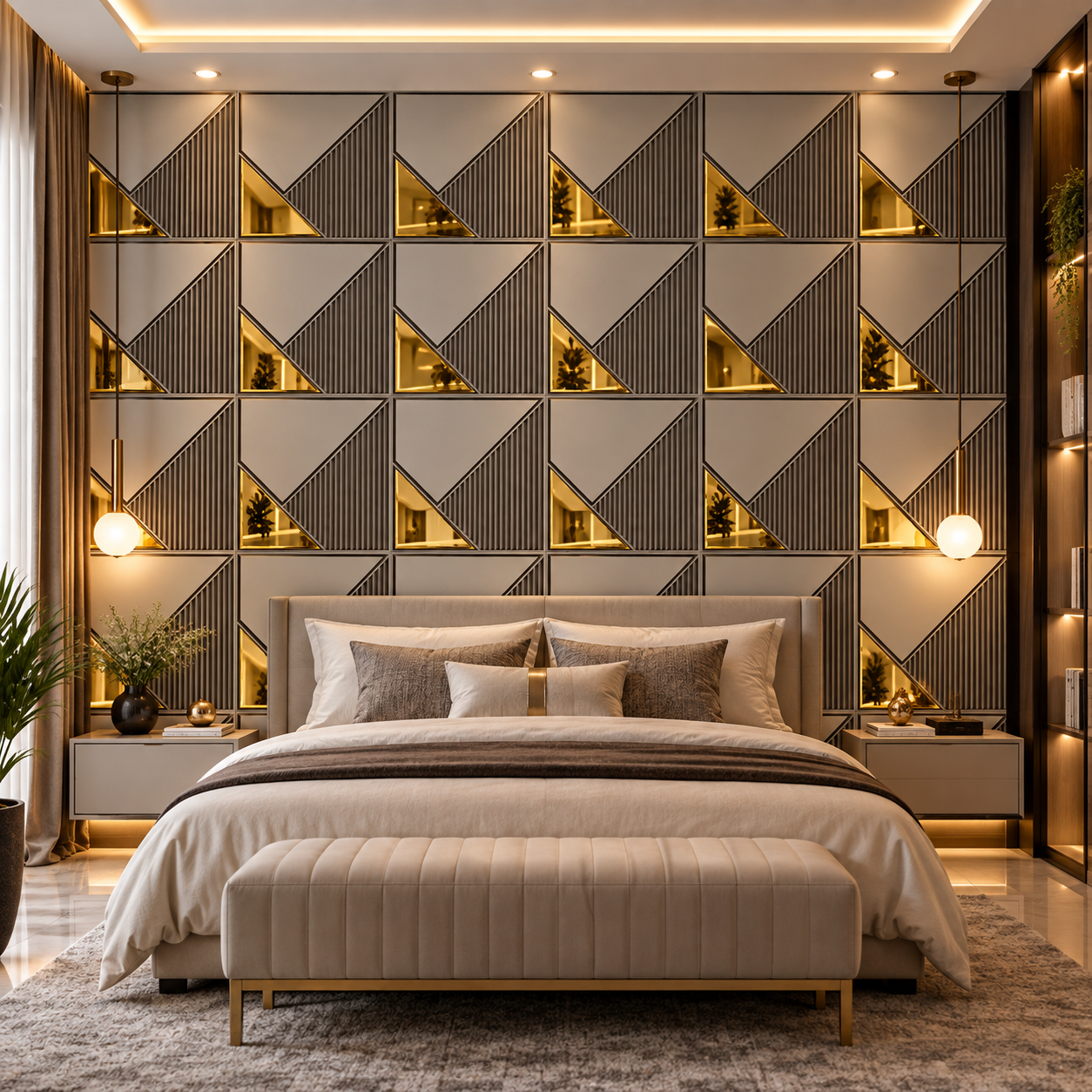 TryMe Angular Geometric Rib & Gold Triangle 3D Wall Panel — Silver Grey (50×50 cm) thumbnail 3
