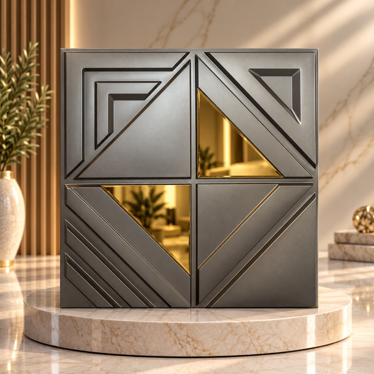 TryMe Art Deco Triangular Prism & Gold Inset 3D Wall Panel — Graphite (50×50 cm)