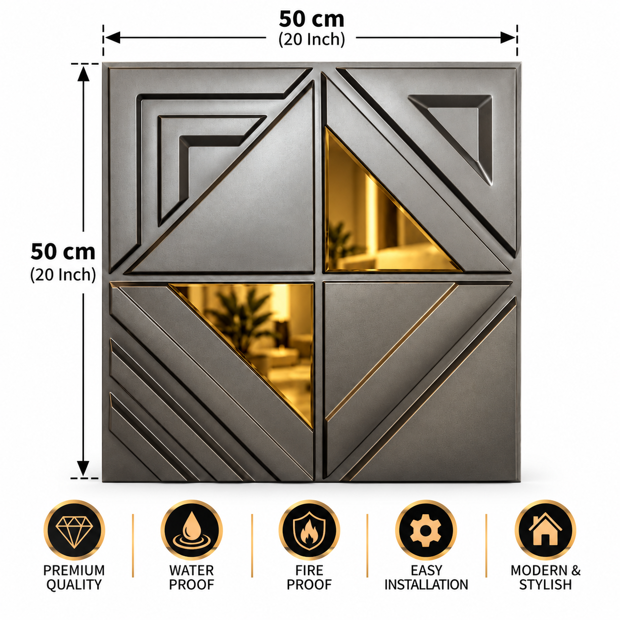 TryMe Art Deco Triangular Prism & Gold Inset 3D Wall Panel — Graphite (50×50 cm) thumbnail 2