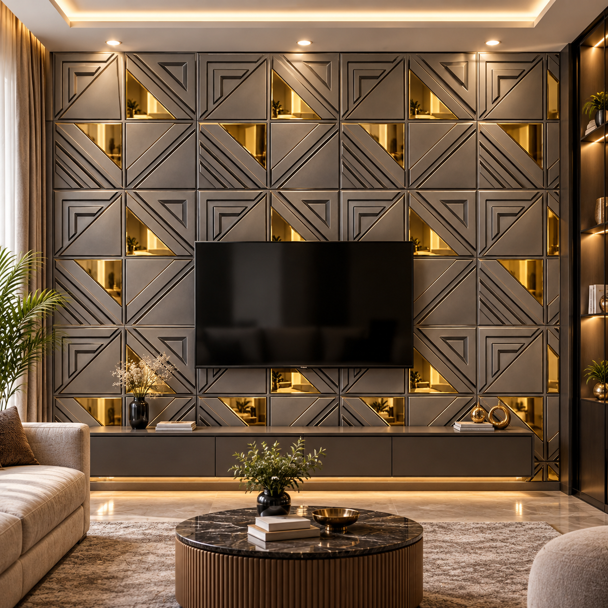 TryMe Art Deco Triangular Prism & Gold Inset 3D Wall Panel — Graphite (50×50 cm) thumbnail 3