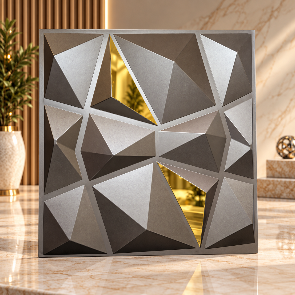 TryMe Origami Faceted Crystal 3D Wall Panel — Pewter & Gold (50×50 cm)
