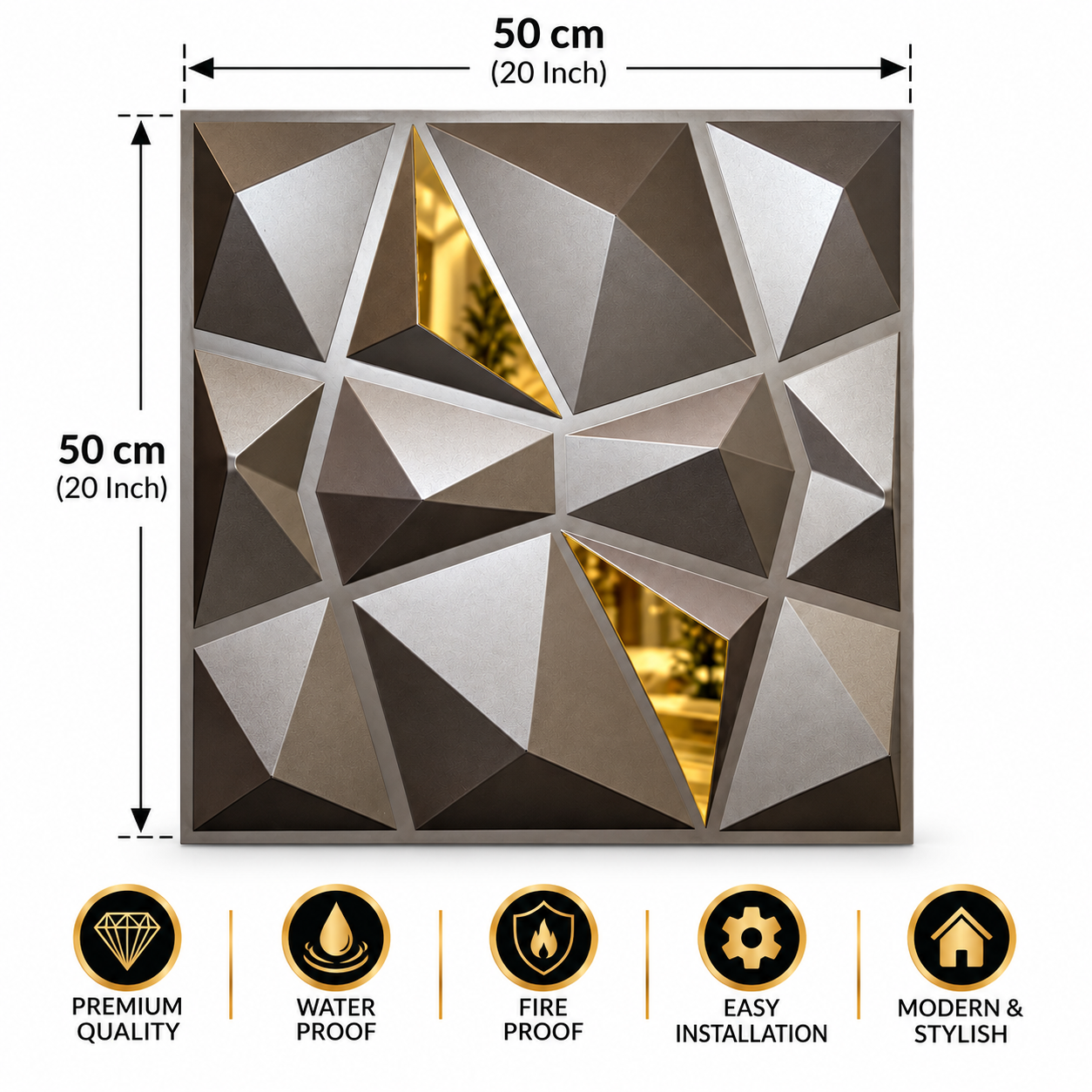 TryMe Origami Faceted Crystal 3D Wall Panel — Pewter & Gold (50×50 cm) thumbnail 2