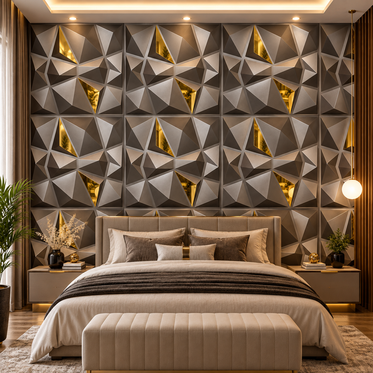 TryMe Origami Faceted Crystal 3D Wall Panel — Pewter & Gold (50×50 cm) thumbnail 3
