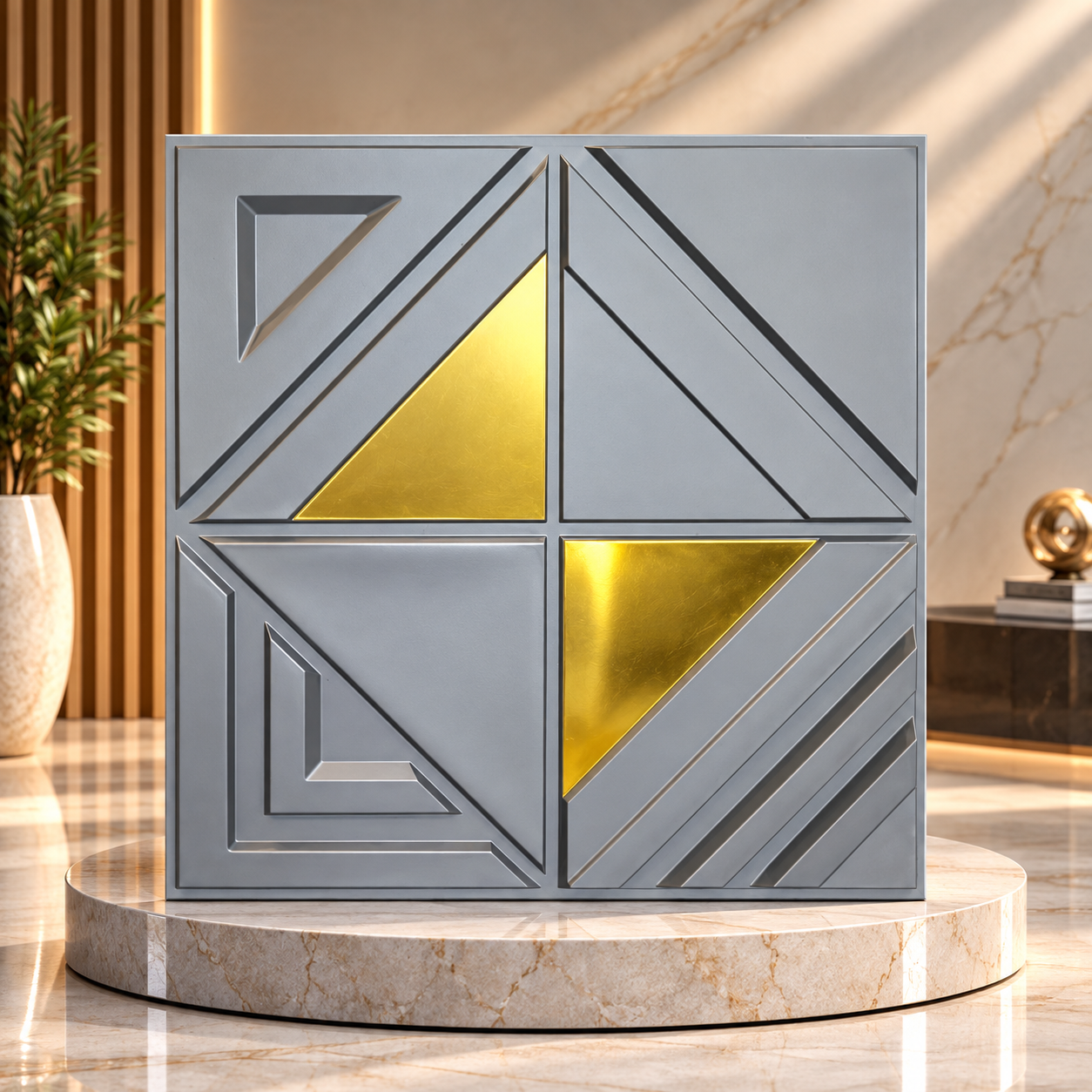 TryMe Modernist Geometric Quadrant 3D Wall Panel — Slate & Gold (50×50 cm)