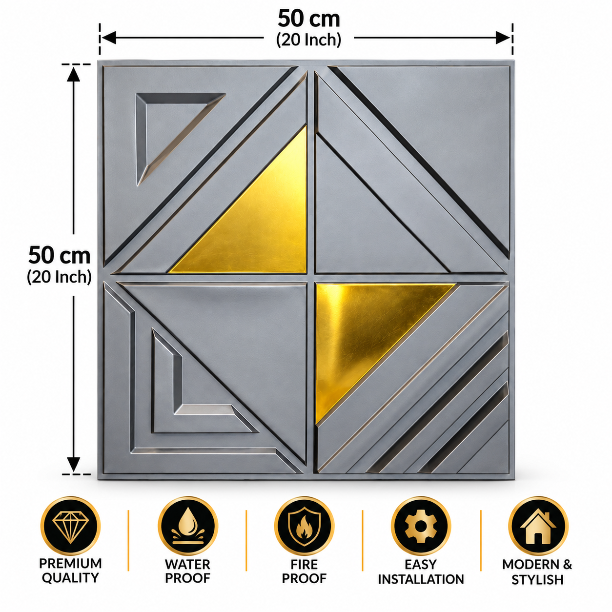 TryMe Modernist Geometric Quadrant 3D Wall Panel — Slate & Gold (50×50 cm) thumbnail 2