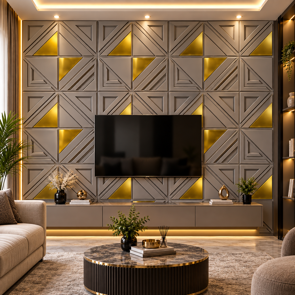 TryMe Modernist Geometric Quadrant 3D Wall Panel — Slate & Gold (50×50 cm) thumbnail 3