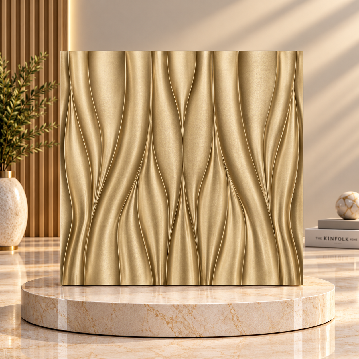 TryMe Sculpted Flame Ripple 3D Wall Panel — Royal Antique Gold (50×50 cm)