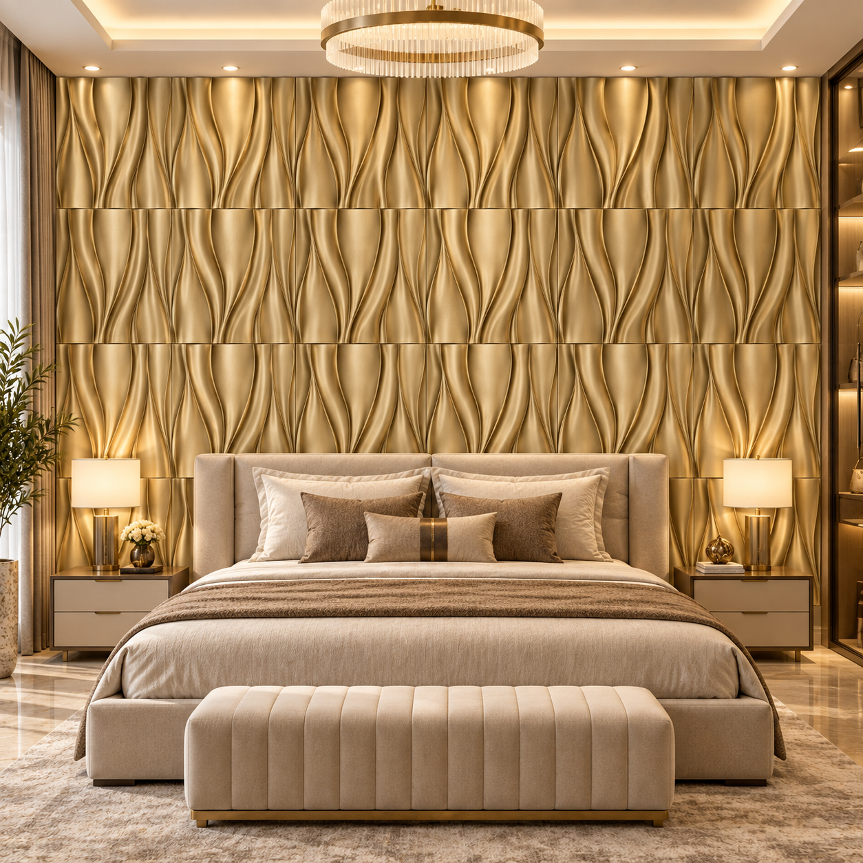 TryMe Sculpted Flame Ripple 3D Wall Panel — Royal Antique Gold (50×50 cm) thumbnail 3