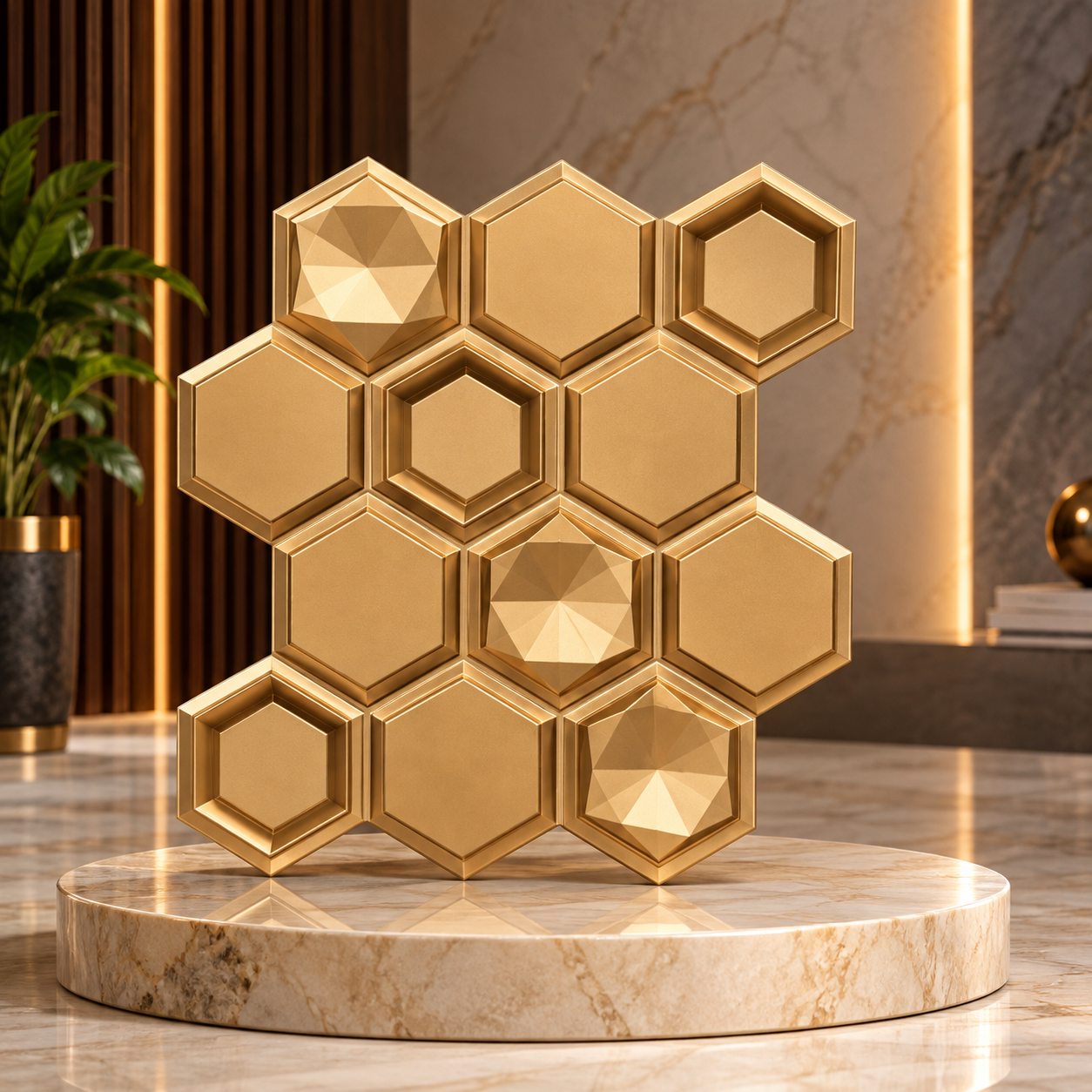 TryMe Imperial Honeycomb Hexagon 3D Wall Panel — Lustrous Gold (50×50 cm)