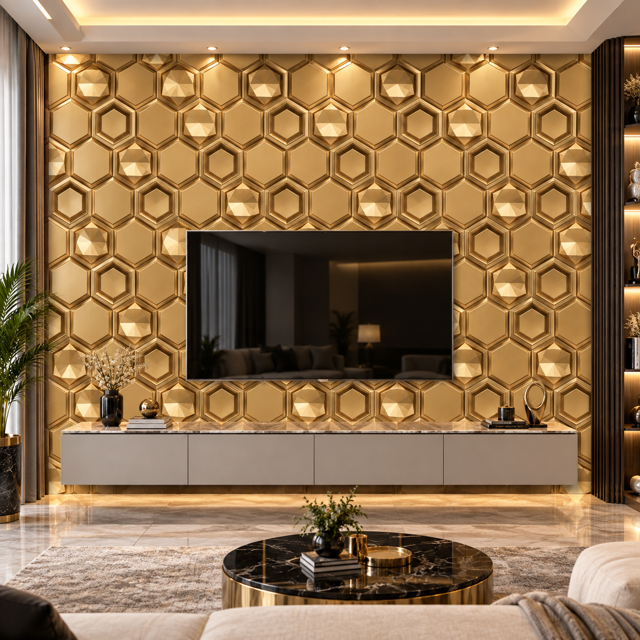 TryMe Imperial Honeycomb Hexagon 3D Wall Panel — Lustrous Gold (50×50 cm) thumbnail 3