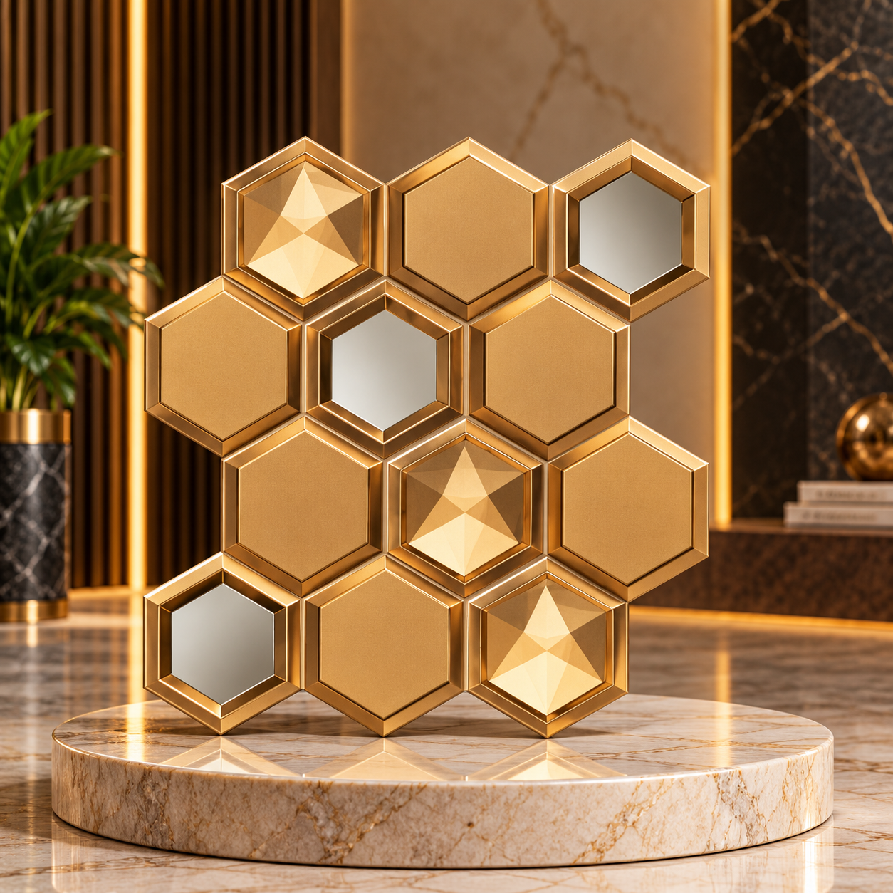 TryMe Honeycomb Mirror & Prism Inset 3D Wall Panel — Royal Gold (50×50 cm)