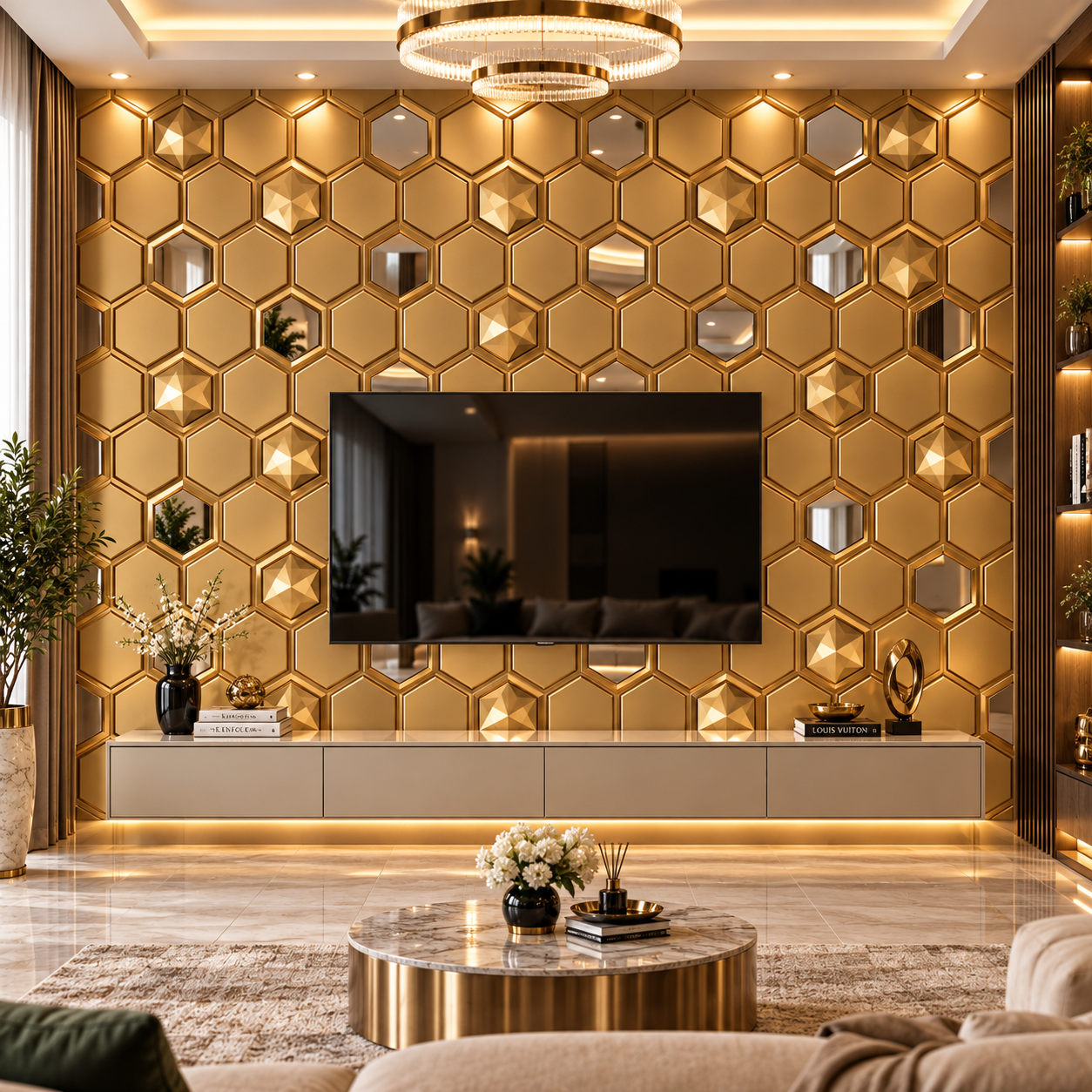 TryMe Honeycomb Mirror & Prism Inset 3D Wall Panel — Royal Gold (50×50 cm) thumbnail 3