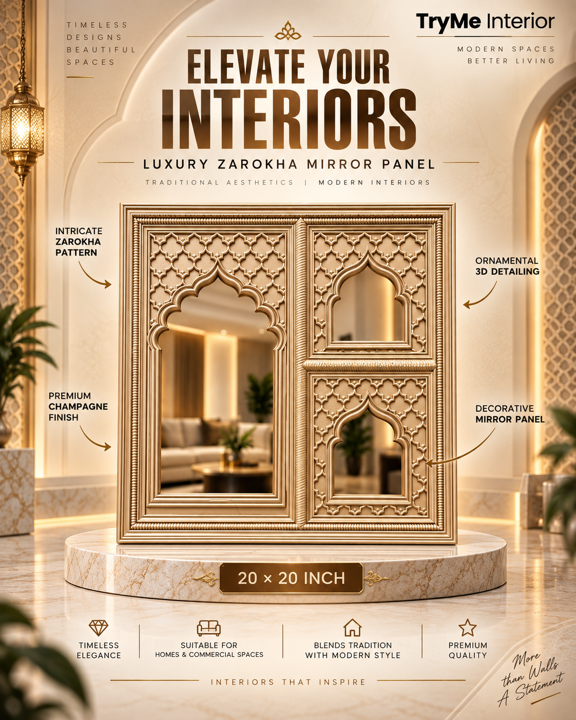 TryMe Imperial Antique Gold Zarokha Decorative 3D Architectural Wall Panel
