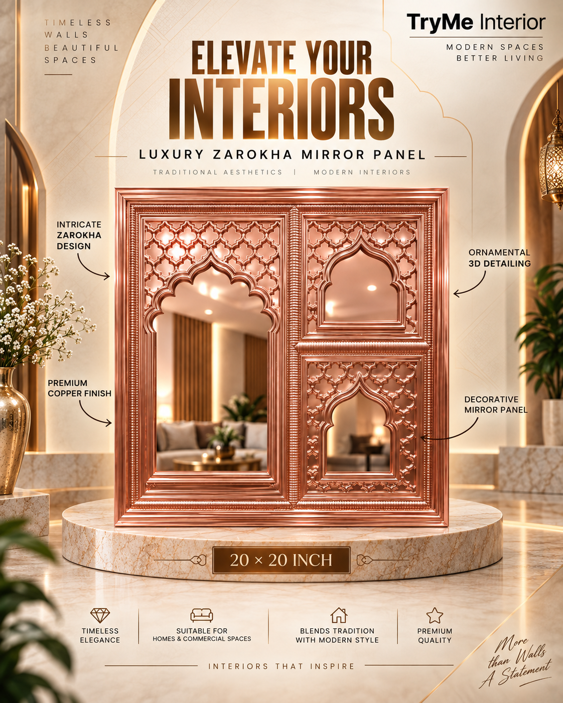 TryMe Mirror Champagne Rose Gold Zarokha Decorative 3D Architectural Wall Panel