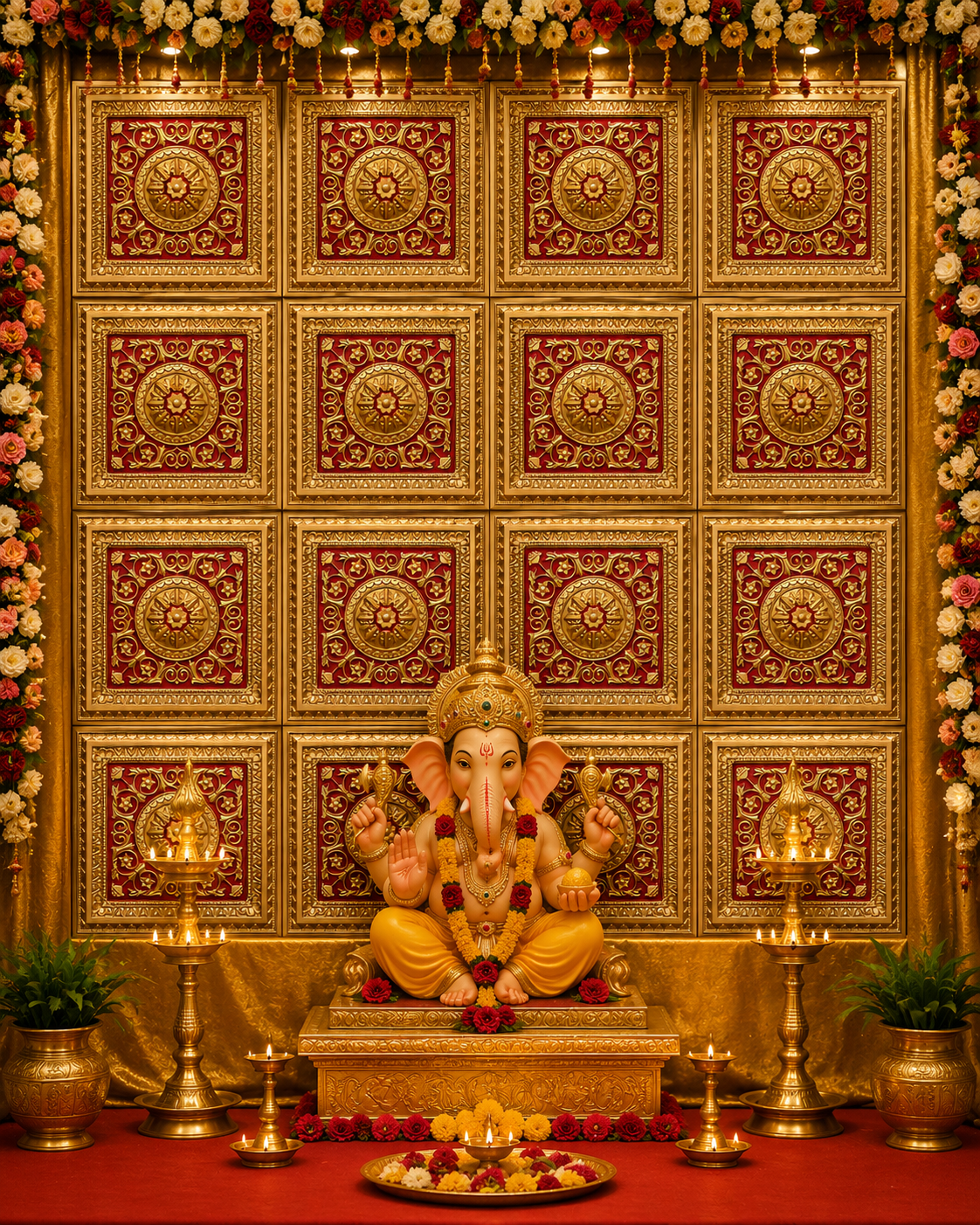 Premium Royal Gold & Red Ganpati Backdrop Panel 2x2 thumbnail 3