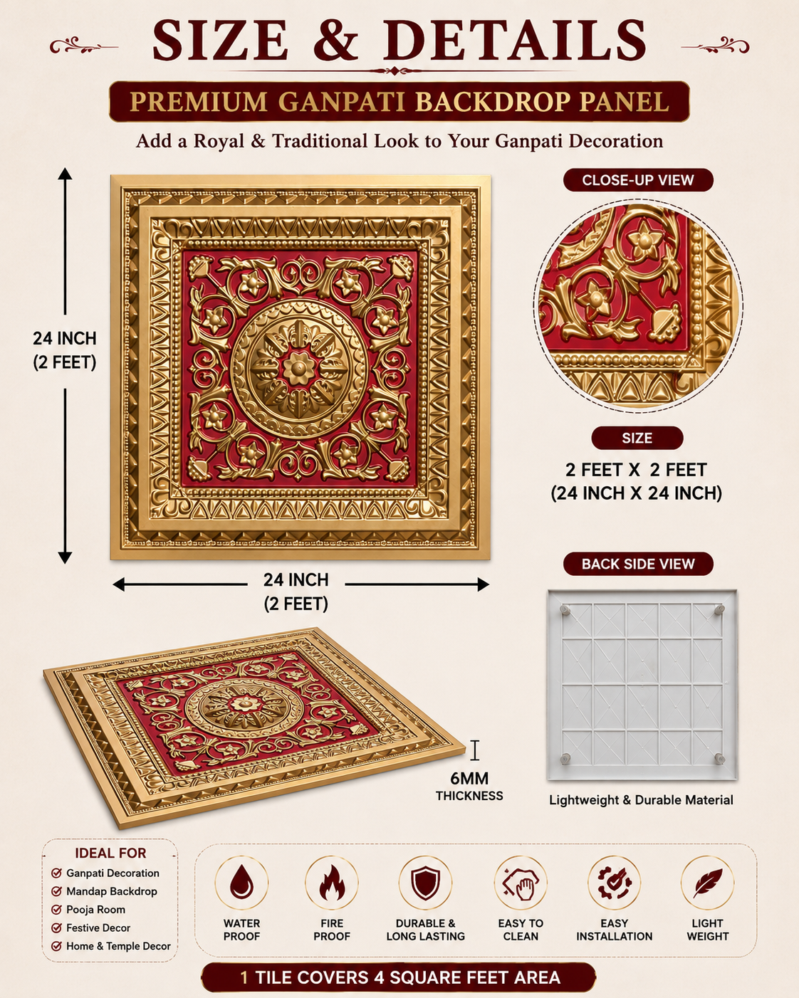 Premium Royal Gold & Red Ganpati Backdrop Panel 2x2 thumbnail 2