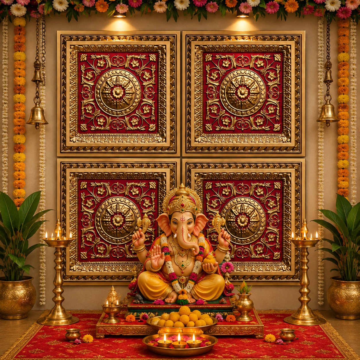 Premium Royal Gold & Red Ganpati Backdrop Panel 1x1 thumbnail 3