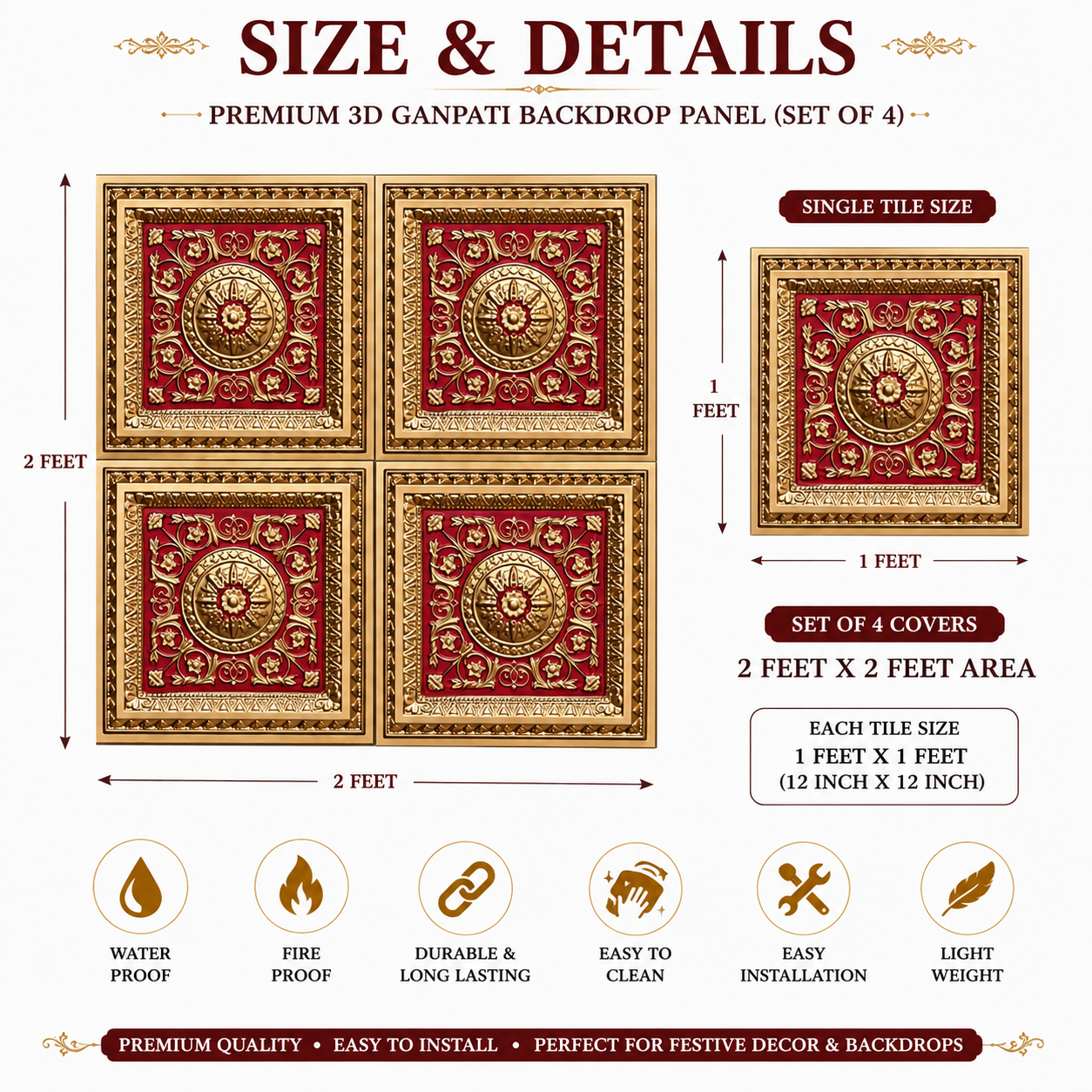 Premium Royal Gold & Red Ganpati Backdrop Panel 1x1 thumbnail 2