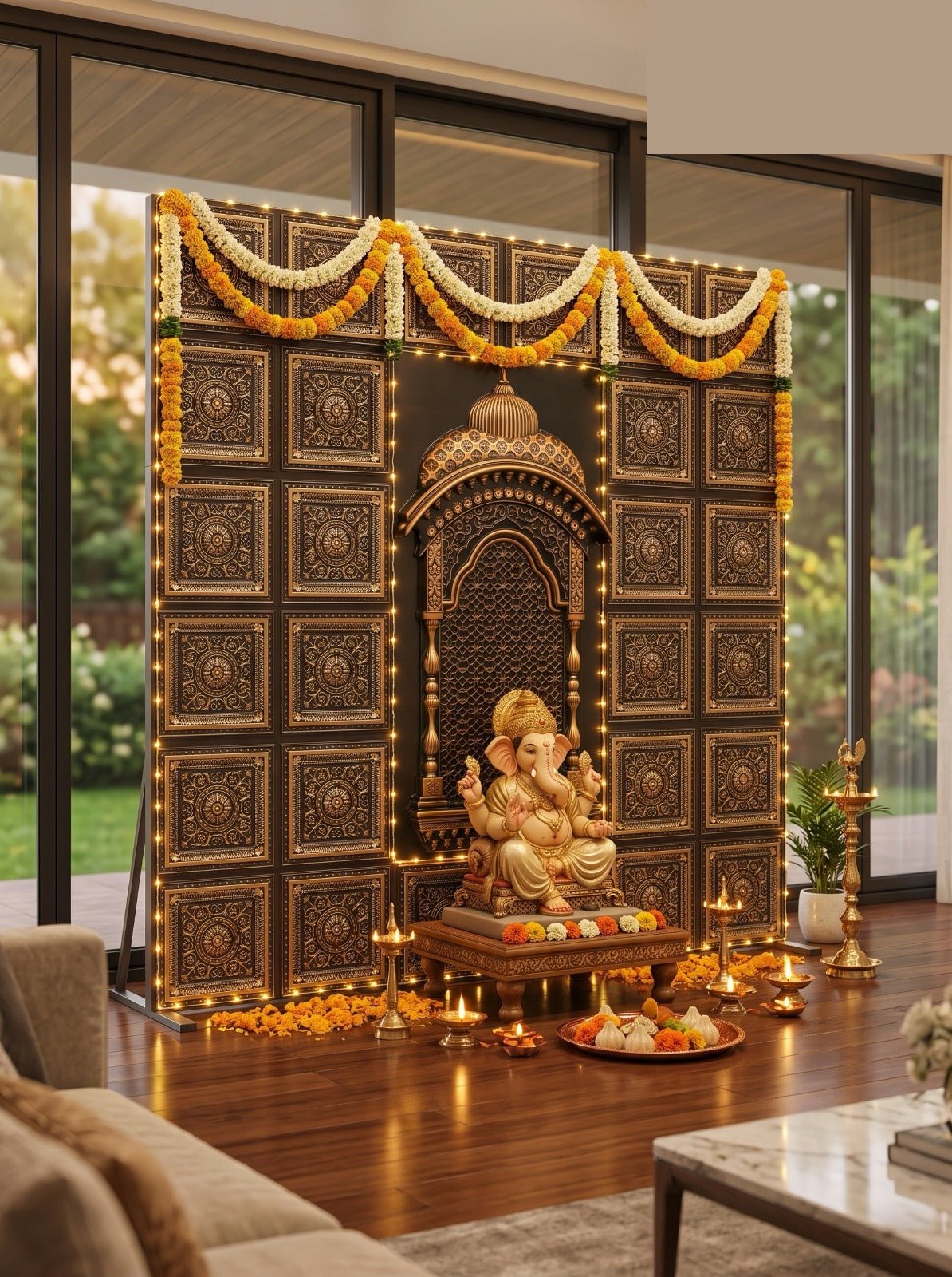 TryMe Ganpati Festive Backdrop Panel — Antique Gold 1×1 thumbnail 3