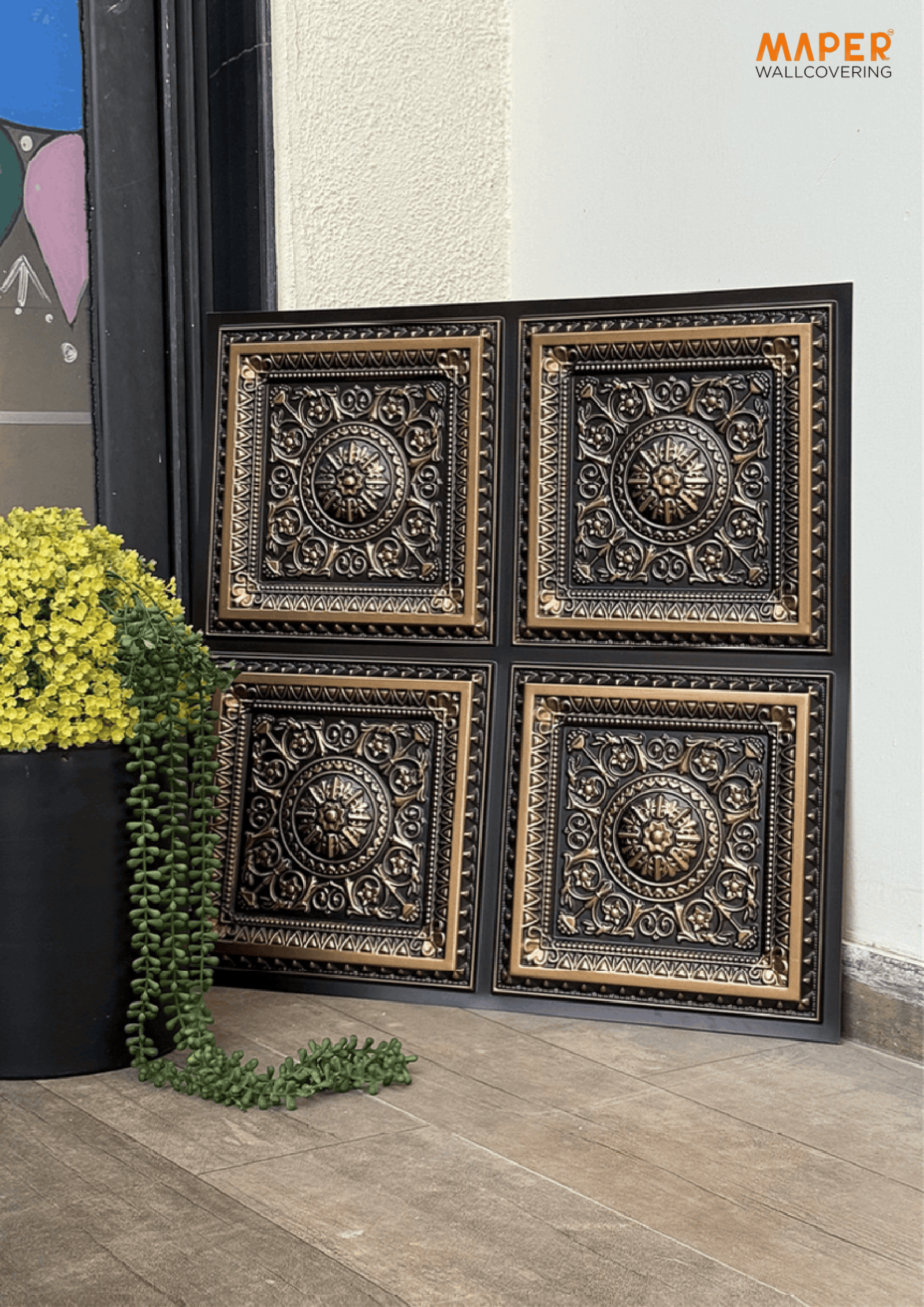 TryMe Ganpati Festive Backdrop Panel — Antique Gold 2×2 Four-Partition