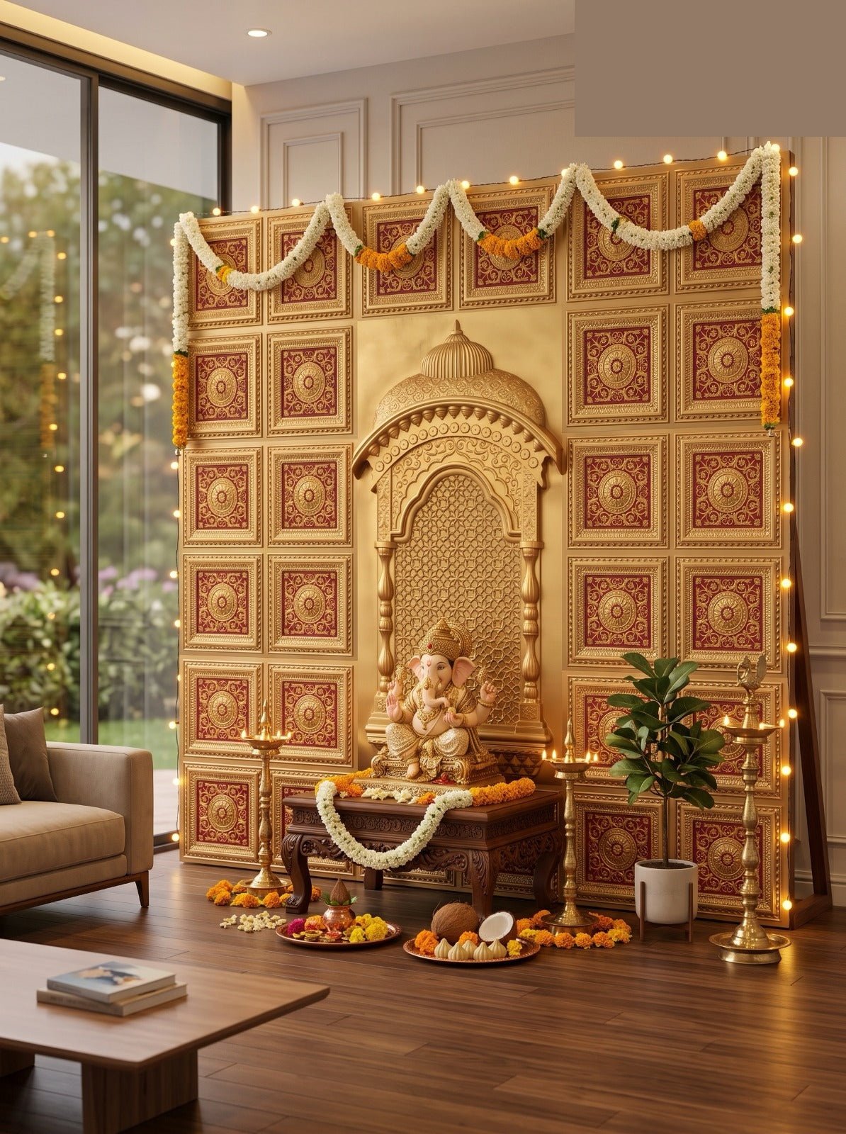 TryMe Ganpati Festive Backdrop Panel — Gold Red 1×1 thumbnail 3