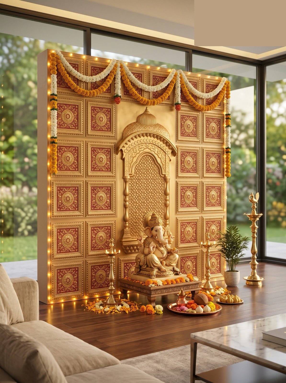 TryMe Ganpati Festive Backdrop Panel — Gold Red 1×1 thumbnail 4