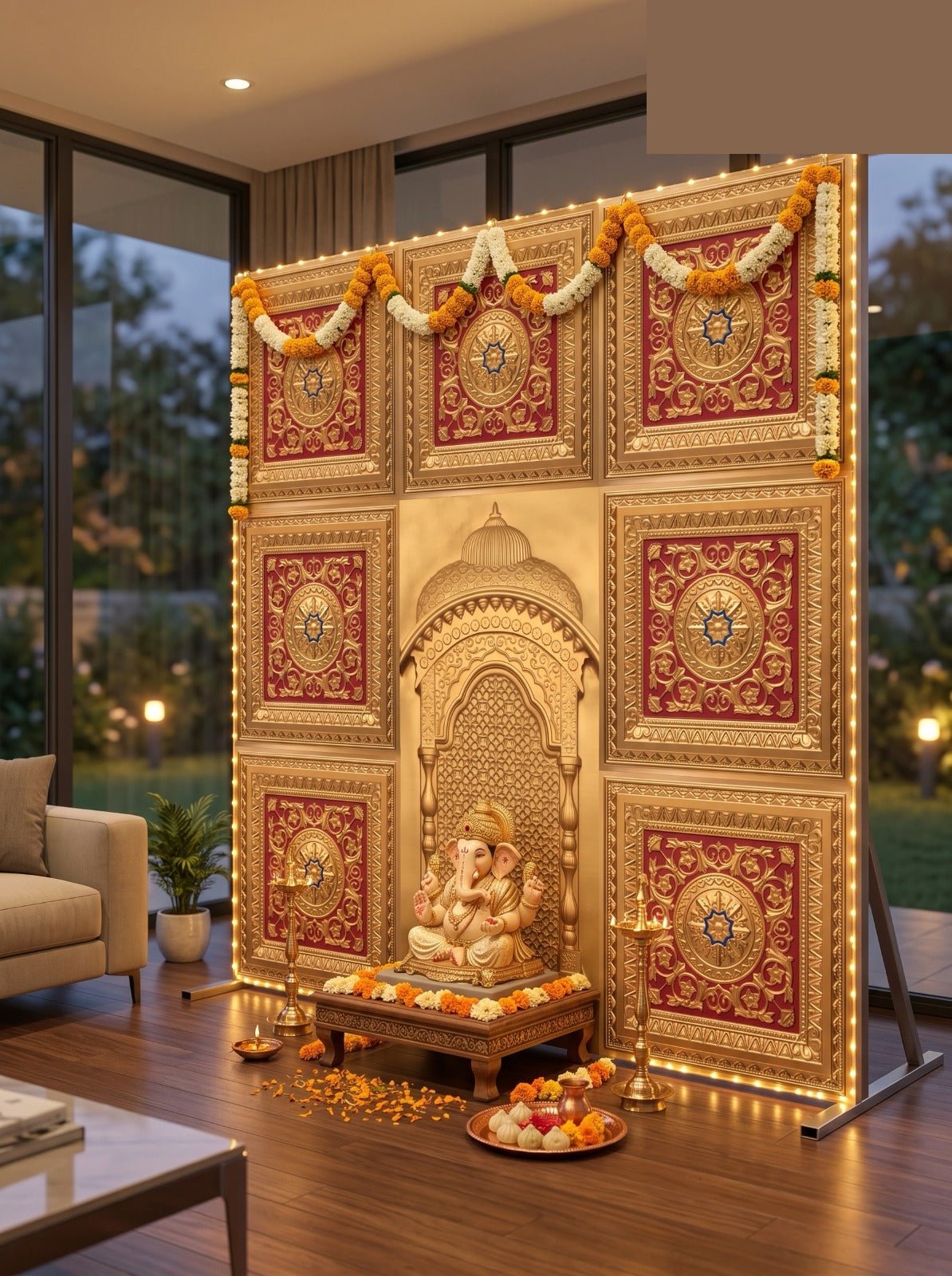 TryMe Ganpati Festive Backdrop Panel — Gold Red 2×2 thumbnail 3