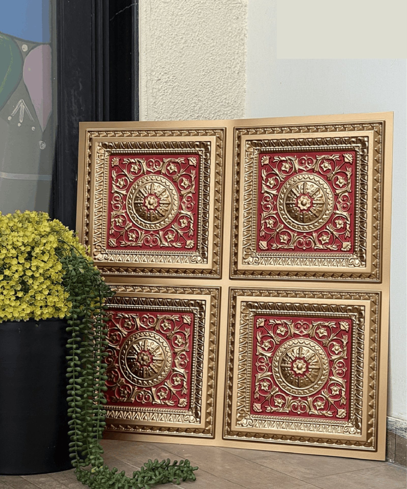 TryMe Ganpati Festive Backdrop Panel — Gold Red 2×2 Four-Partition
