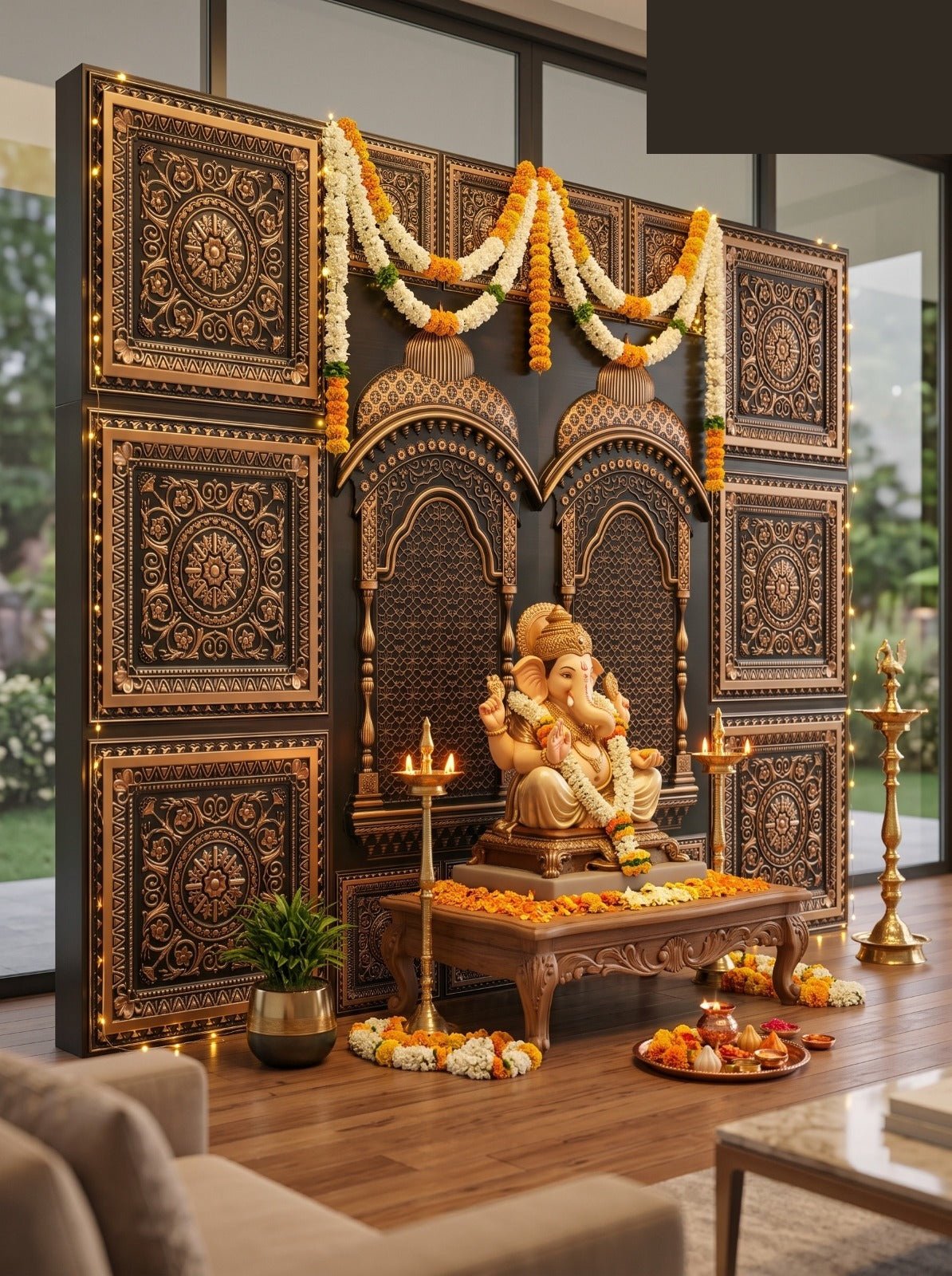 TryMe Ganpati Festive Backdrop Set — Antique Gold AG-1 (8-1×1 Panel, 6-2×2 Panel, 2 Zarokha)