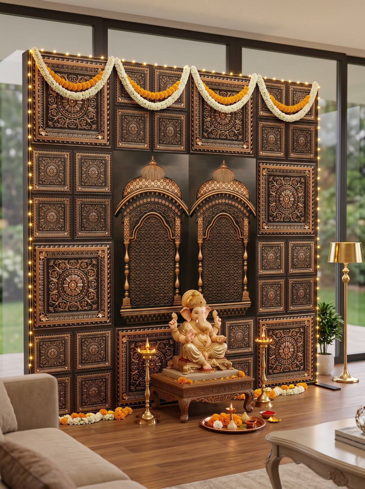 TryMe Ganpati Festive Backdrop Set — Antique Gold AG-2 (6-2×2 Panel, 6-Four-Partition Panel, 2 Zarokha) wallpaper