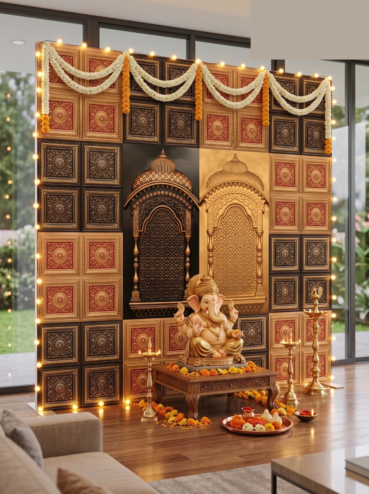 TryMe Ganpati Festive Backdrop Set — Antique Gold & Gold Red AG-RG-1 (12-Four-Partition Panel, 2 Zarokha)