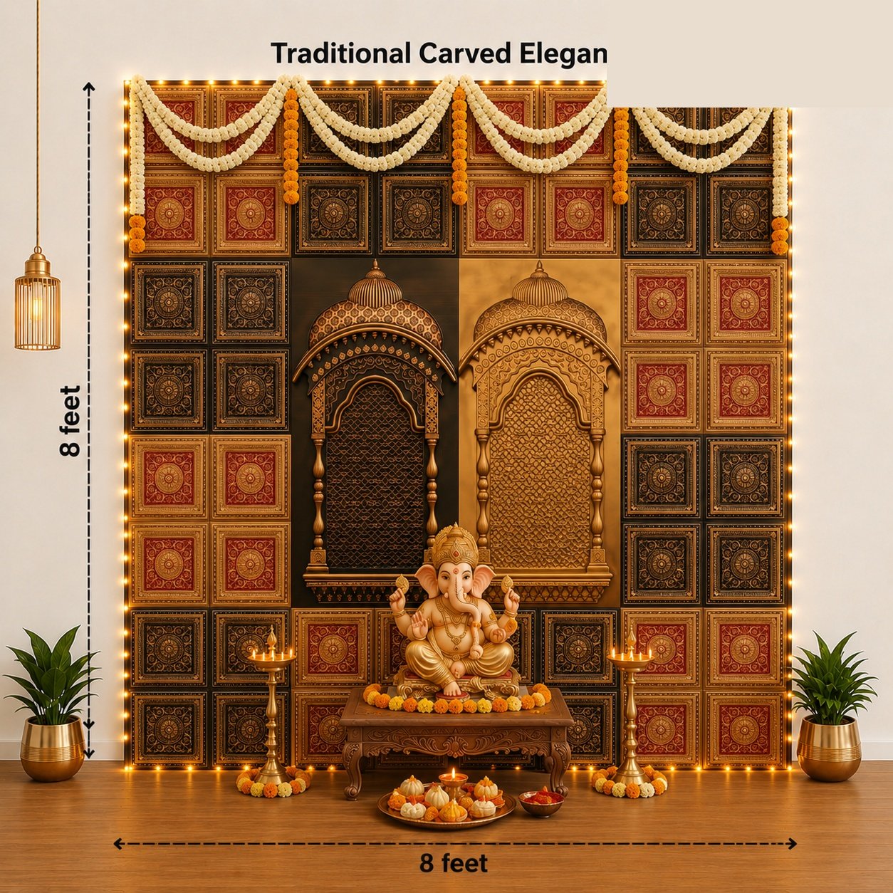 TryMe Ganpati Festive Backdrop Set — Antique Gold & Gold Red AG-RG-1 (12-Four-Partition Panel, 2 Zarokha) thumbnail 2
