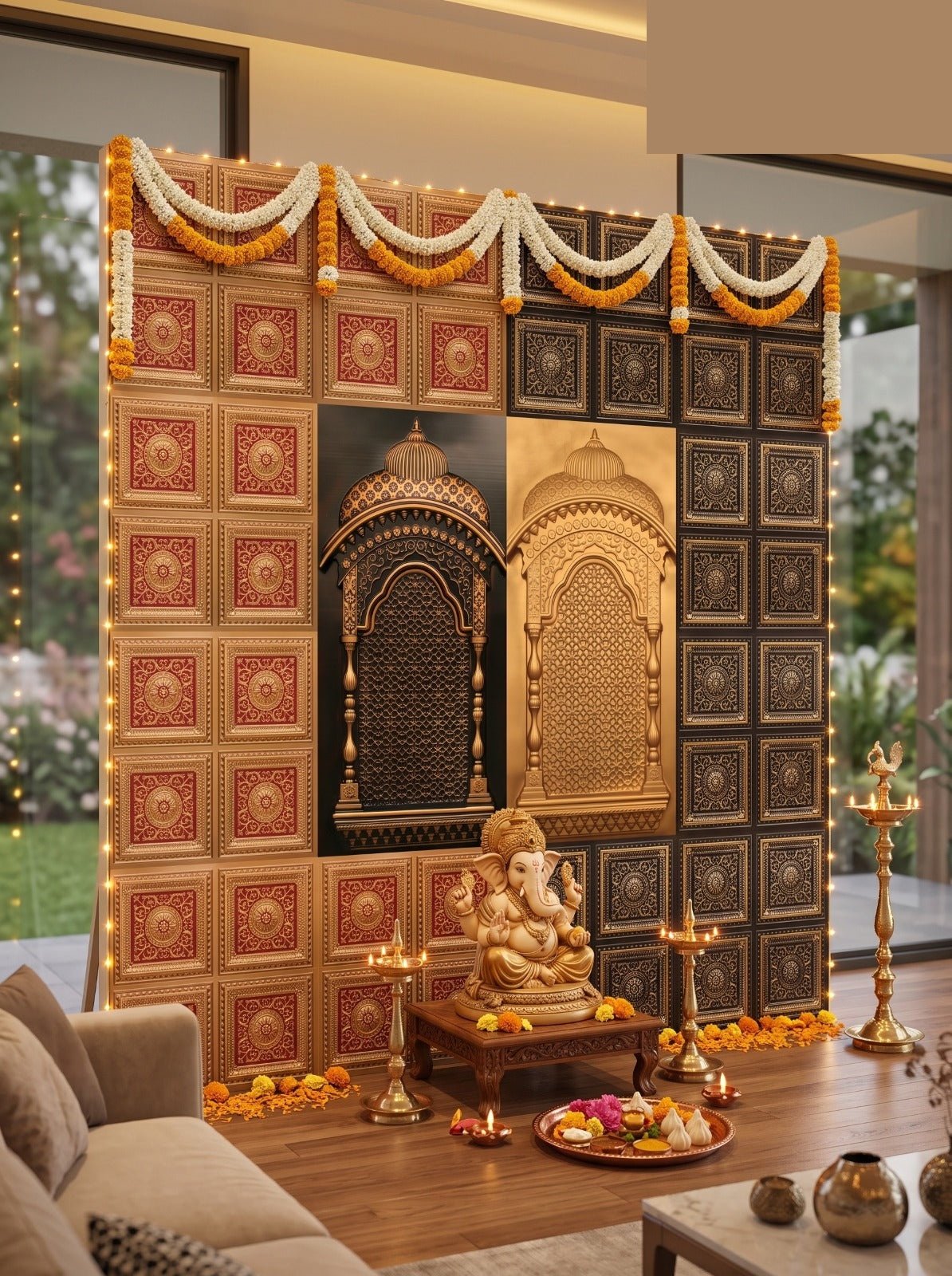 TryMe Ganpati Festive Backdrop Set — Antique Gold & Gold Red AG-RG-2 (12-Four-Partition Panel, 2 Zarokha)
