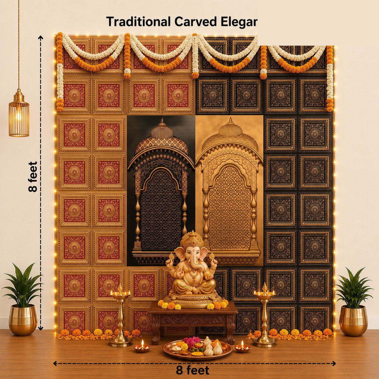 TryMe Ganpati Festive Backdrop Set — Antique Gold & Gold Red AG-RG-2 (12-Four-Partition Panel, 2 Zarokha) thumbnail 2