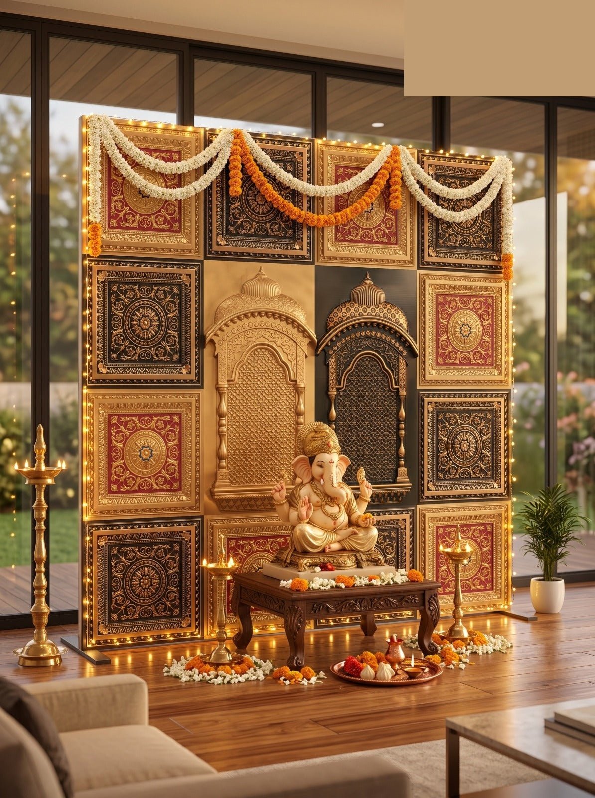 TryMe Ganpati Festive Backdrop Set — Antique Gold & Gold Red AG-RG-4 (12-2×2 Panel, 2 Zarokha)