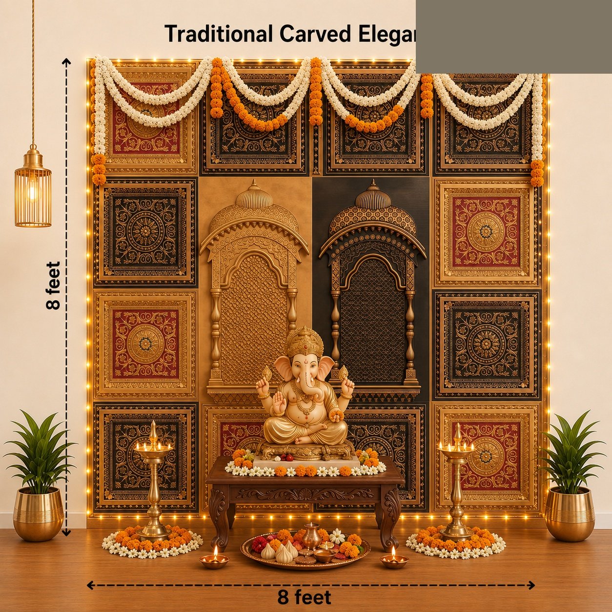 TryMe Ganpati Festive Backdrop Set — Antique Gold & Gold Red AG-RG-4 (12-2×2 Panel, 2 Zarokha) thumbnail 2