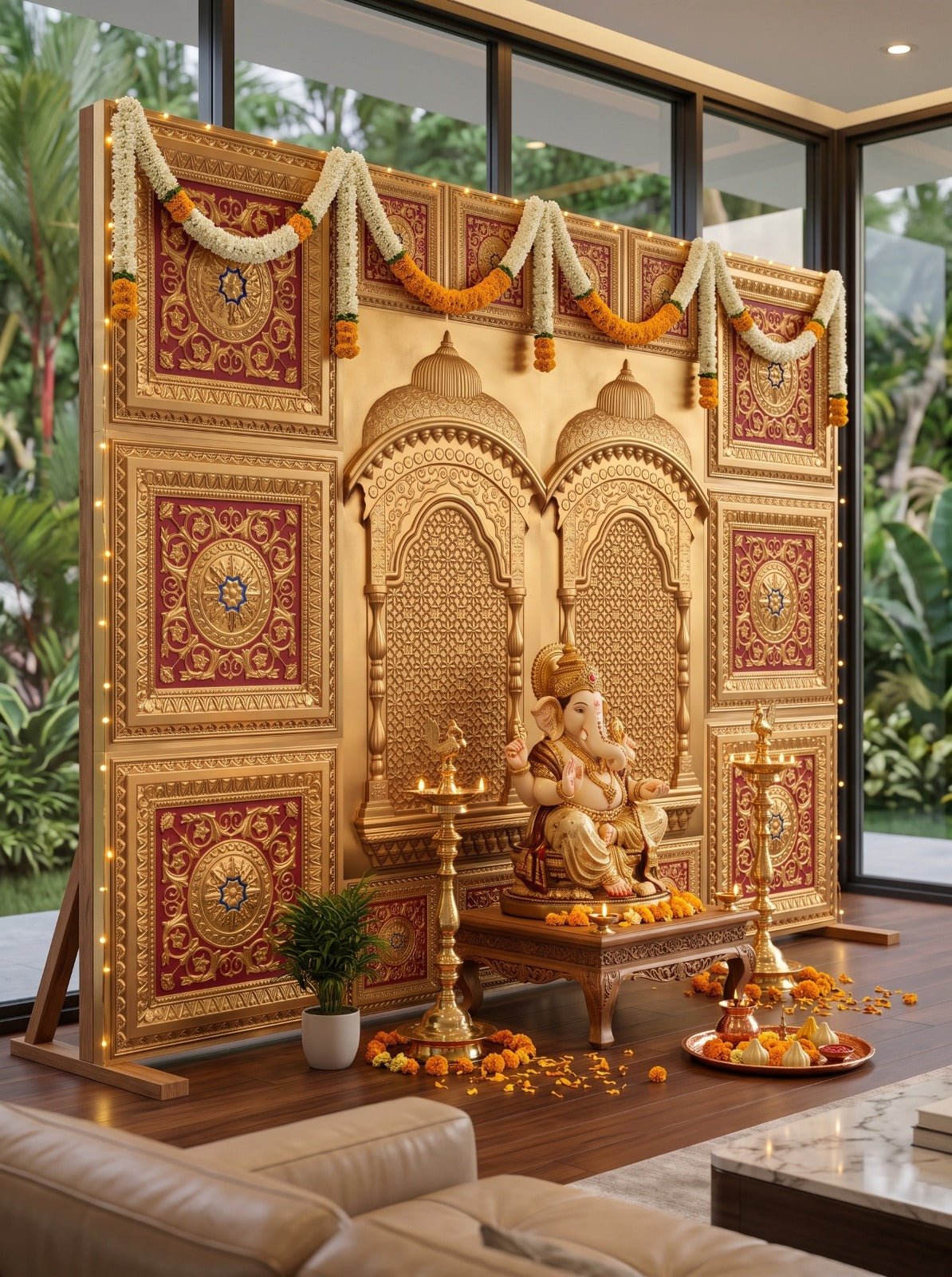 TryMe Ganpati Festive Backdrop Set — Gold Red RG-2 (8-1×1 Panel, 6-2×2 Panel, 2 Zarokha) wallpaper