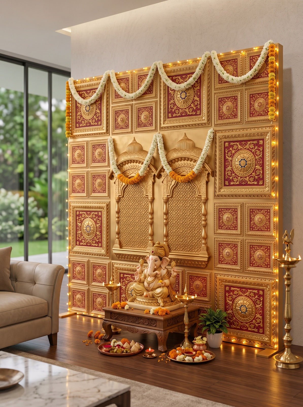 TryMe Ganpati Festive Backdrop Set — Gold Red RG-3 (6-2×2 Panel, 6-Four-Partition Panel, 2 Zarokha) wallpaper