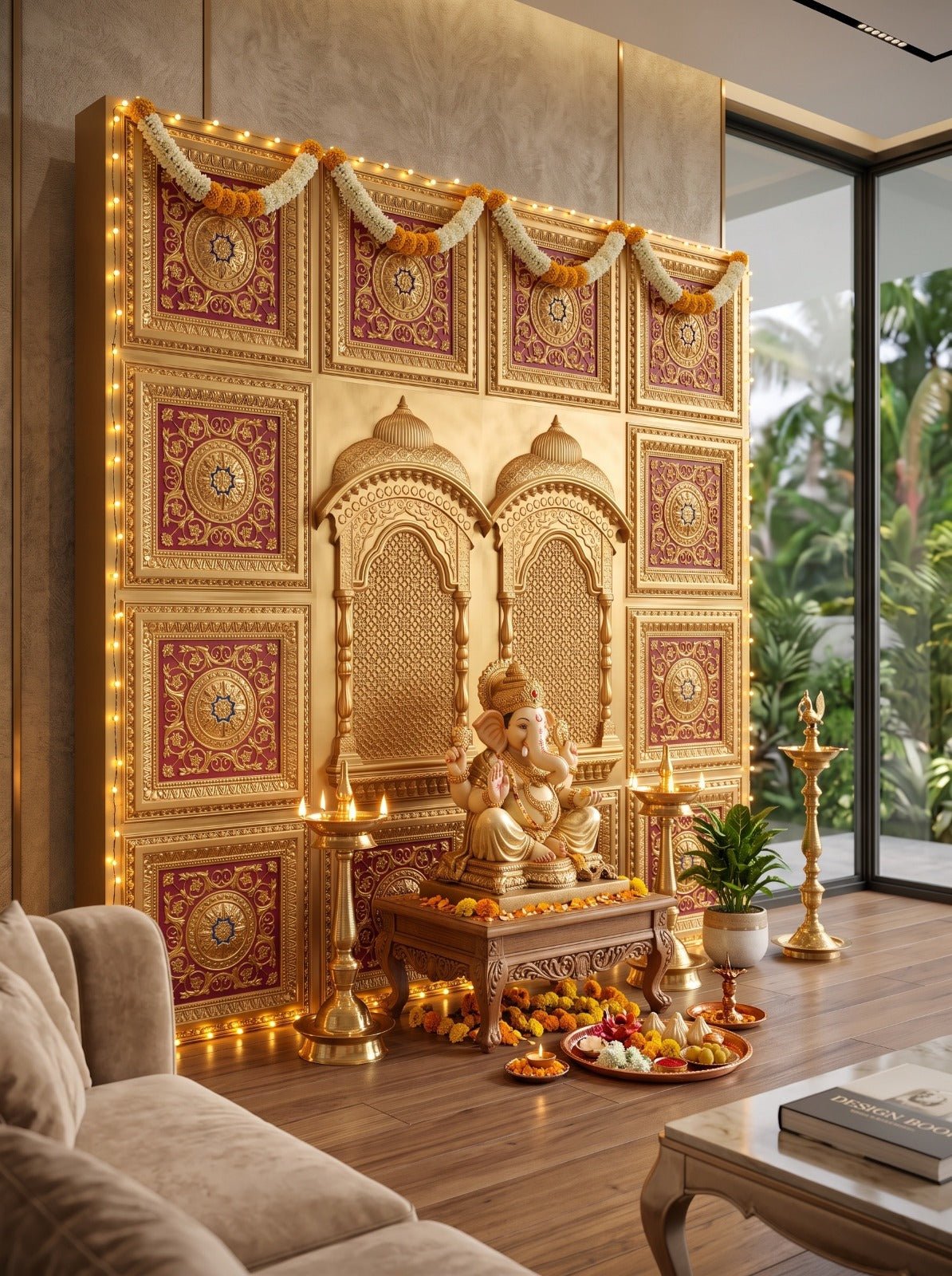 TryMe Ganpati Festive Backdrop Set — Gold Red RG-4 (12-2×2 Panel, 2 Zarokha) wallpaper