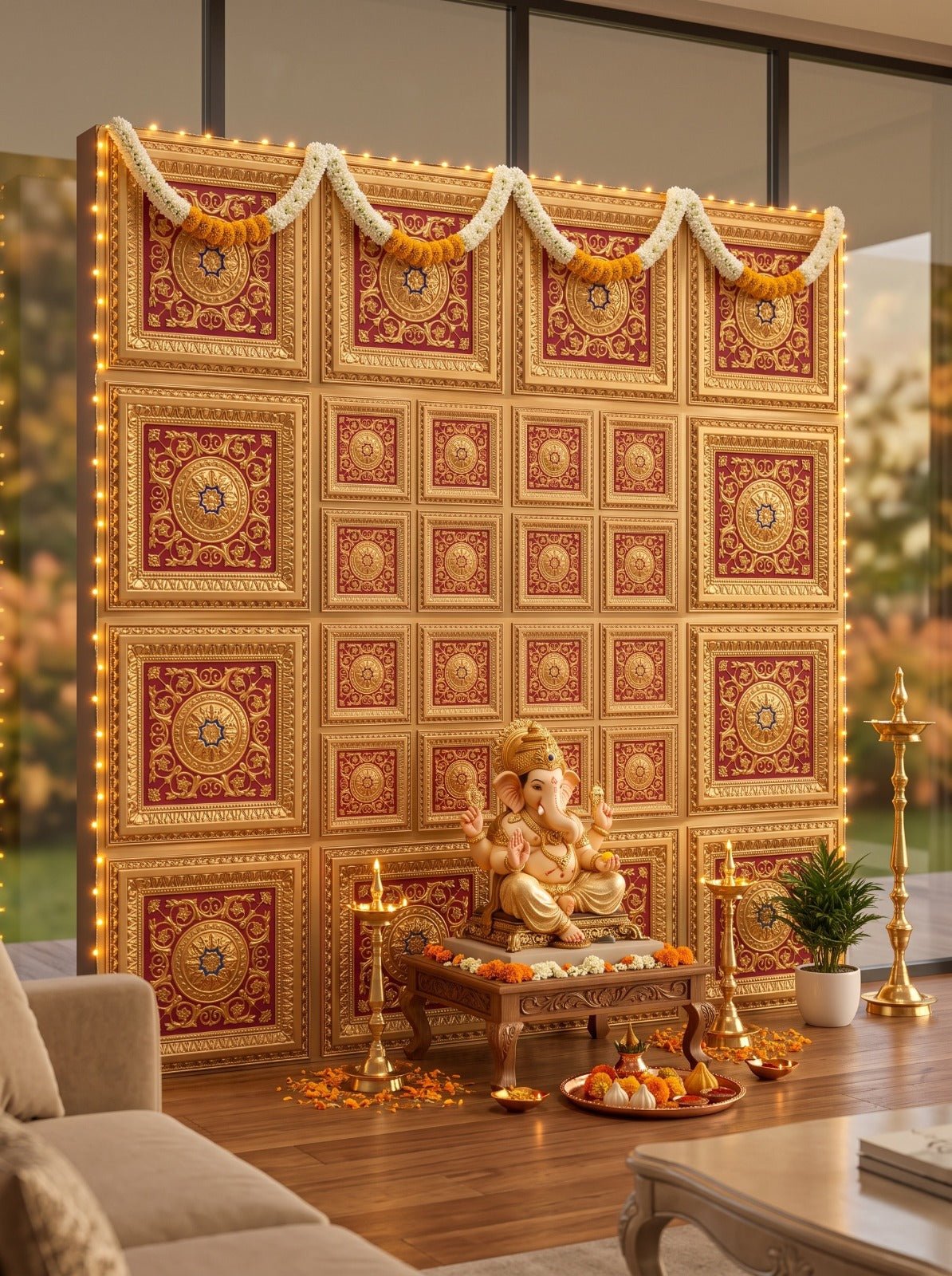 TryMe Ganpati Festive Backdrop Set — Gold Red RG-6 (12-2×2 Panel, 4-Four-Partition Panel) wallpaper